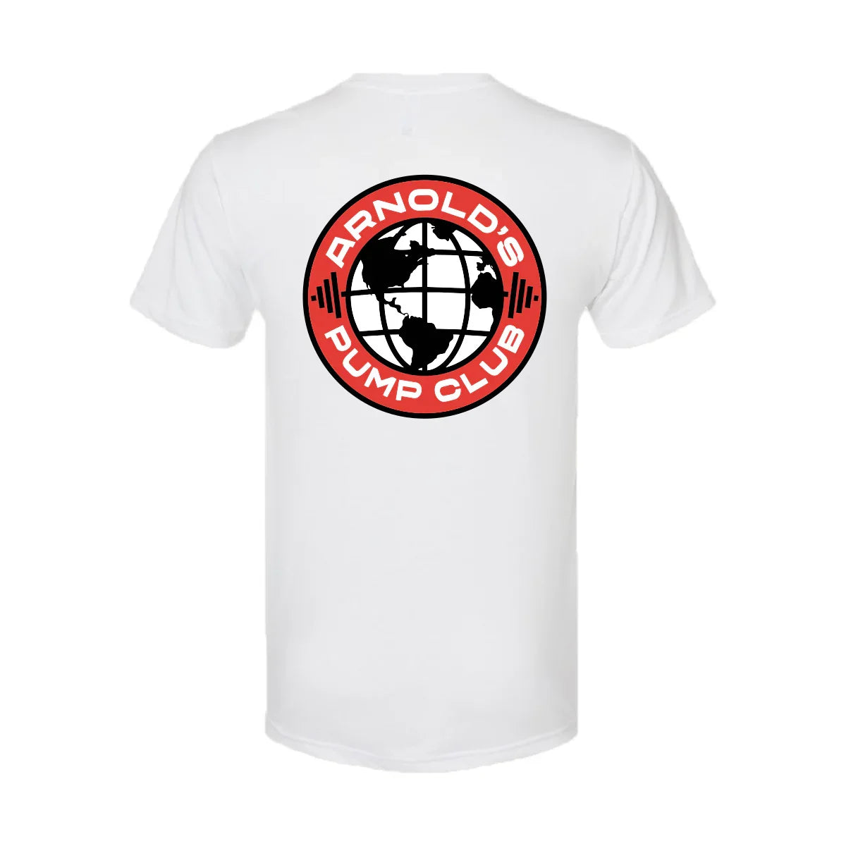 White t-shirt with red and black circular logo reading Arnold's Pump Club featuring a globe and barbell weights graphic