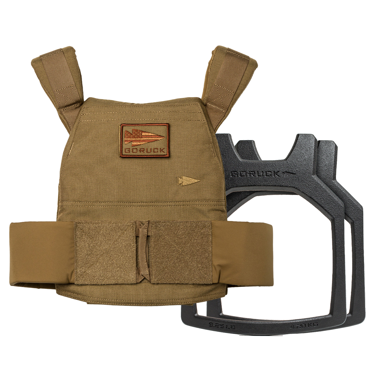 The Weight Vest + Curved Plate Bundle includes a tan tactical weighted vest with velcro patches and a black ruck plate, both GORUCK-labeled—ideal for your most intense training sessions.