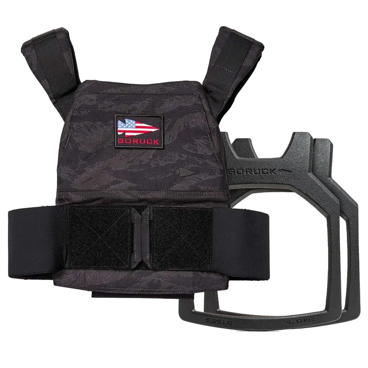 The Rucking Weight Vest + Curved Plate Bundle, featuring a black vest with an American flag patch and a removable curved ruck plate, is perfect for building your rucking bundle.