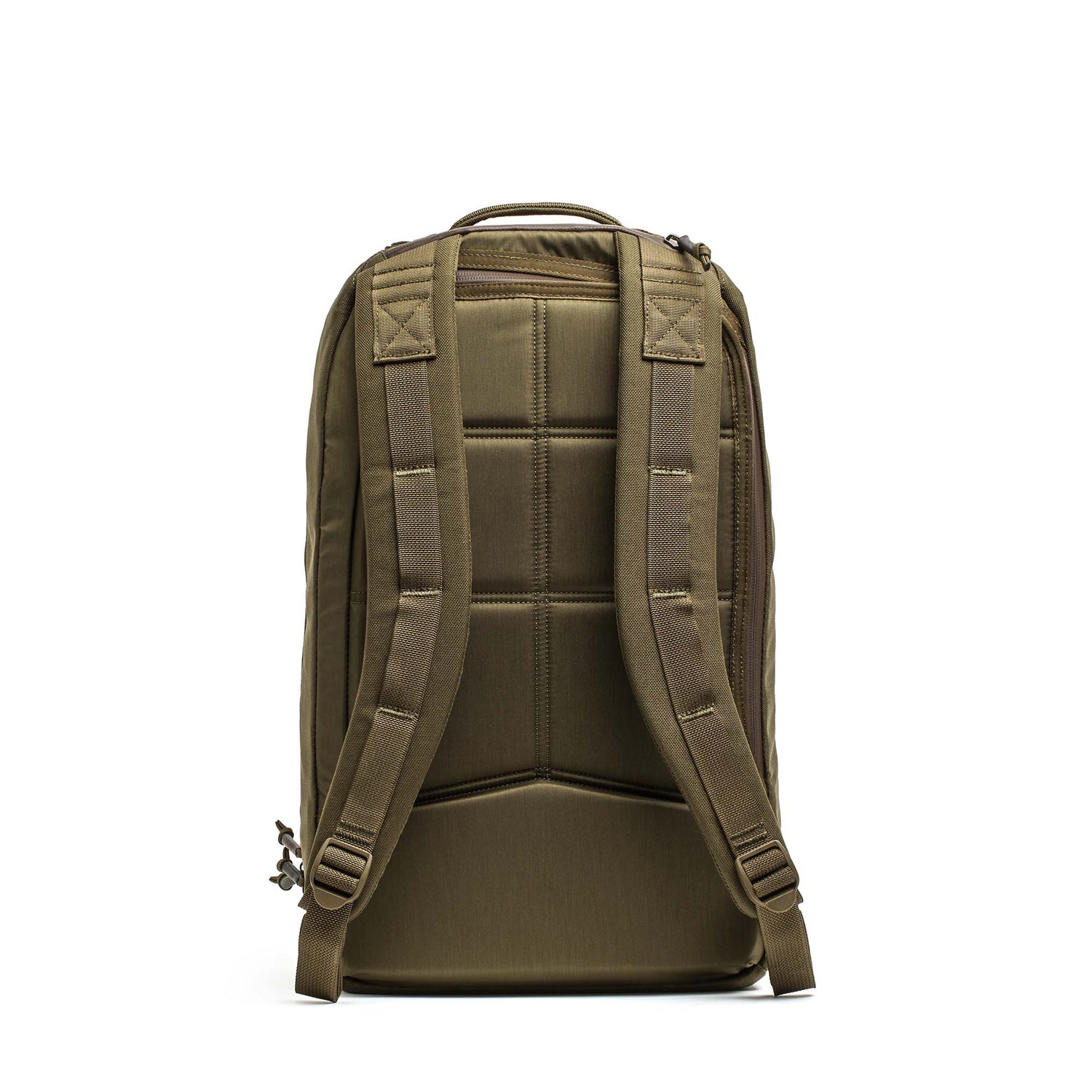 The Double Compartment Bullet Ruck (18L) in olive green is shown from the back, featuring padded shoulder straps, a top handle, and a bombproof laptop compartment. Made with durable Ballistic Nylon Cordura.
