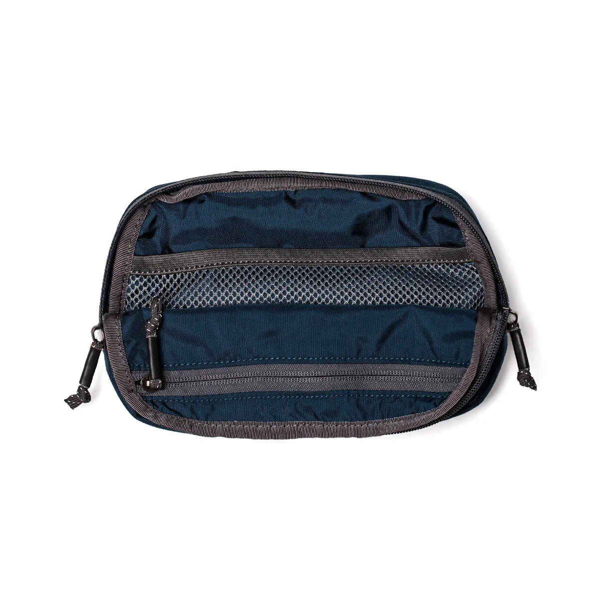 Dark sea blue GORUCK belt bag open showing mesh and zippered compartments with armor grey trim