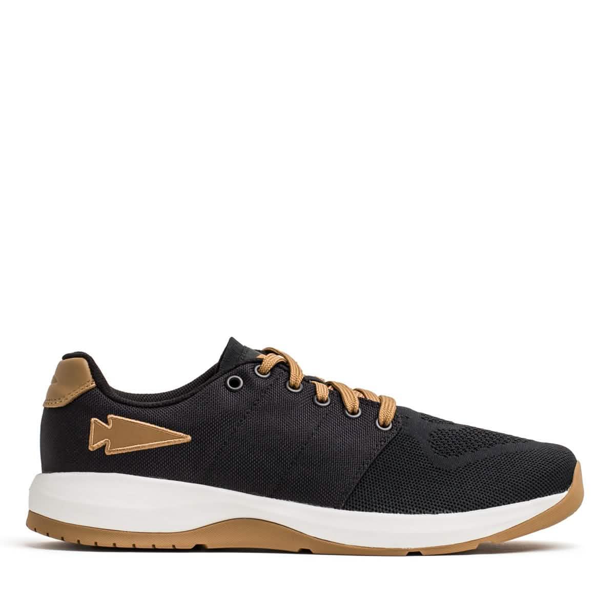 GORUCK Ballistic Trainer black sneaker with coyote brown laces and sole on white background