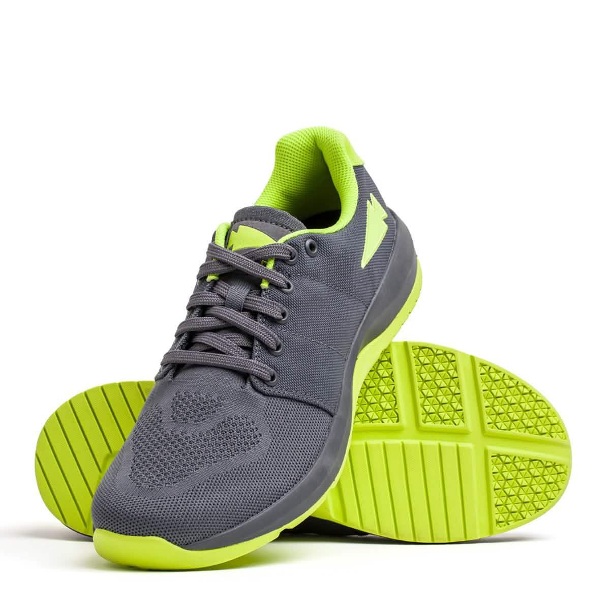 GORUCK Ballistic Trainer shoes in wolf grey with acid lime accents and soles, designed for tough rucking gear