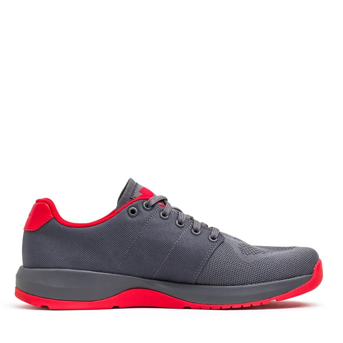GORUCK Ballistic Trainers in wolf grey with high risk red accents and reflective details, side view