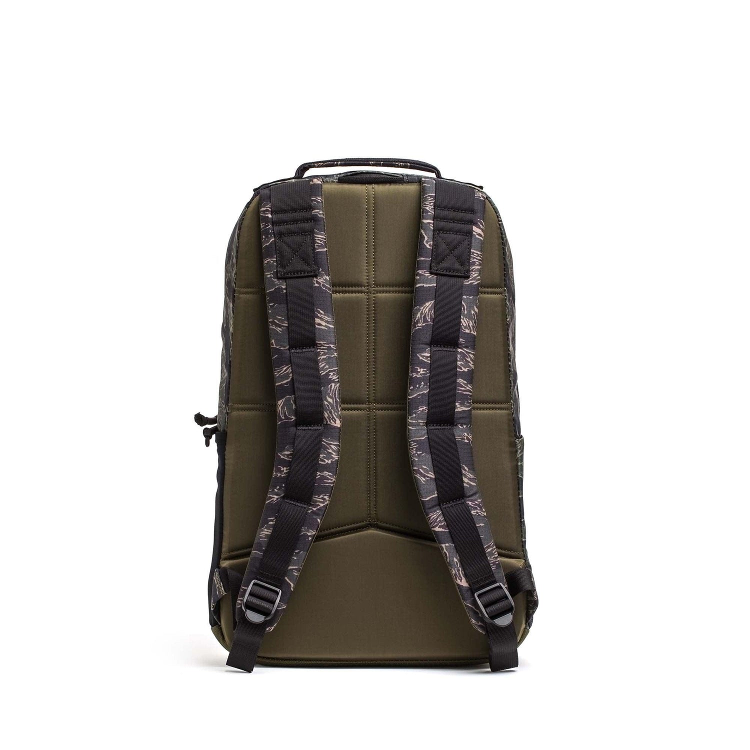 The Basic Rucker® backpack in olive green is shown from the back, highlighting its patterned shoulder straps, top handle, and Ruck Plate® compatibility.
