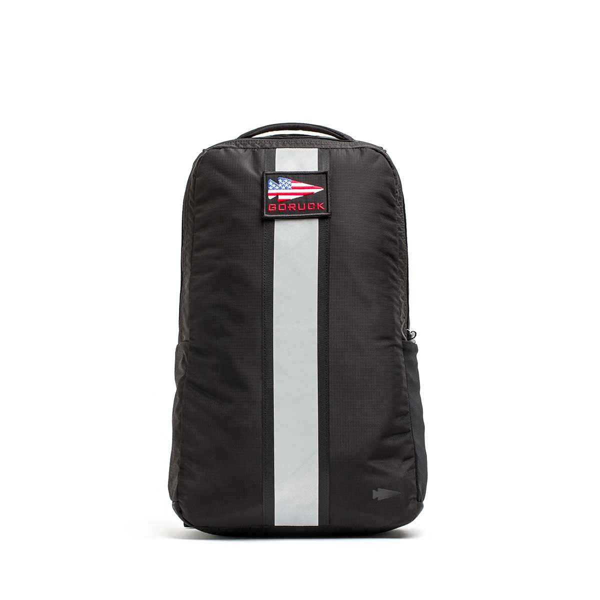 The Basic Rucker® is a black rucking backpack with a vertical reflective stripe and an American flag GORUCK patch, perfect as a weighted rucksack for your toughest challenges.