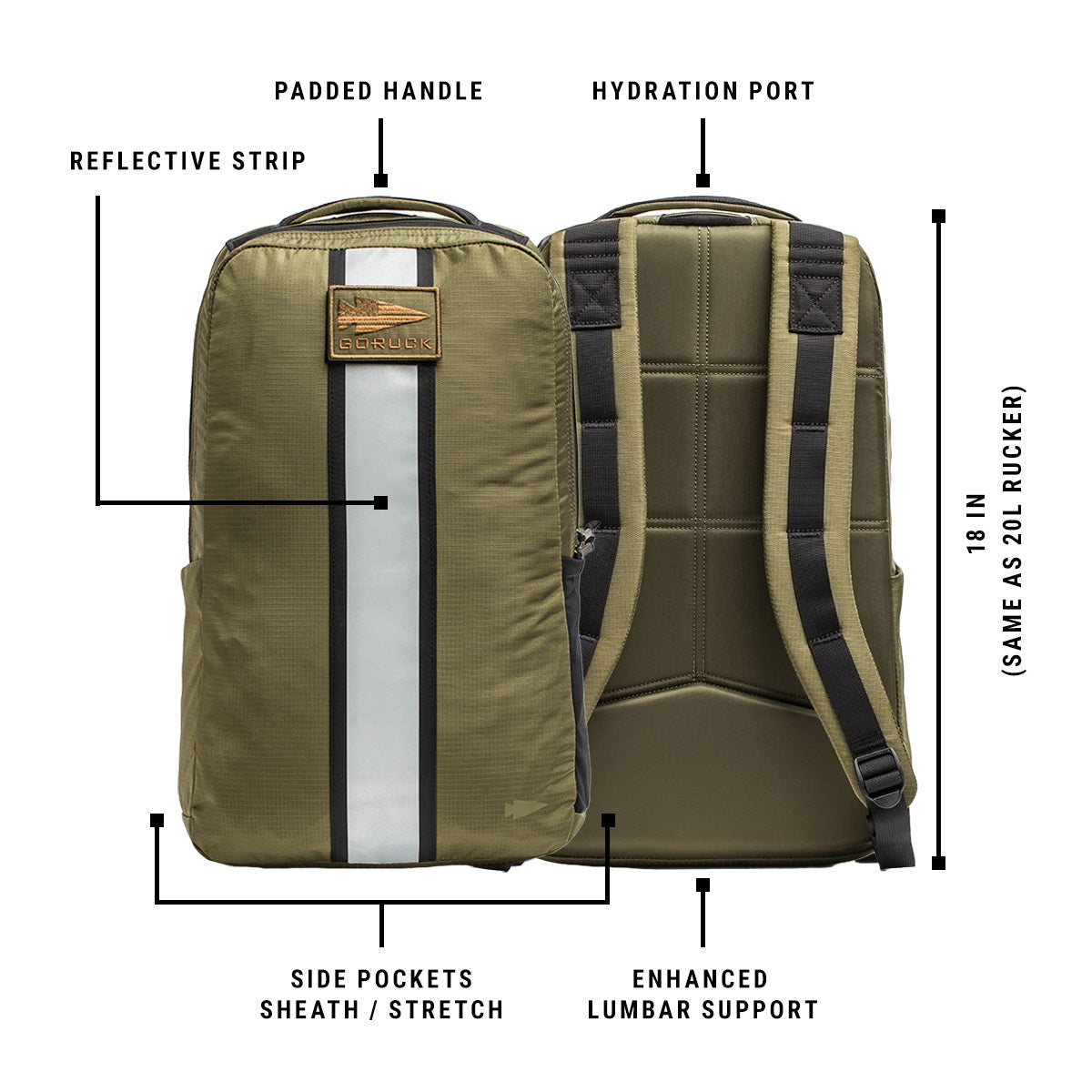 The Basic Rucker® is an olive green rucking backpack featuring a reflective strip, hydration port, side pockets, padded handle, and lumbar support—ideal for anyone seeking a reliable weighted rucksack for any adventure.