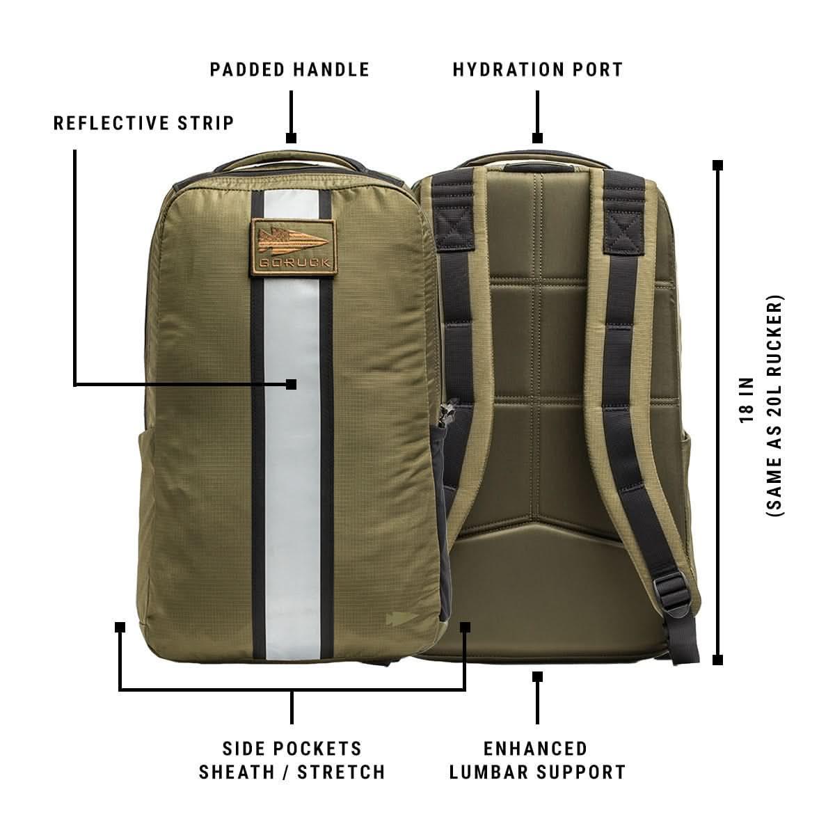 Front and back view of olive green GORUCK Basic Rucker backpack with reflective strip, padded handle, hydration port, side pockets, and lumbar support