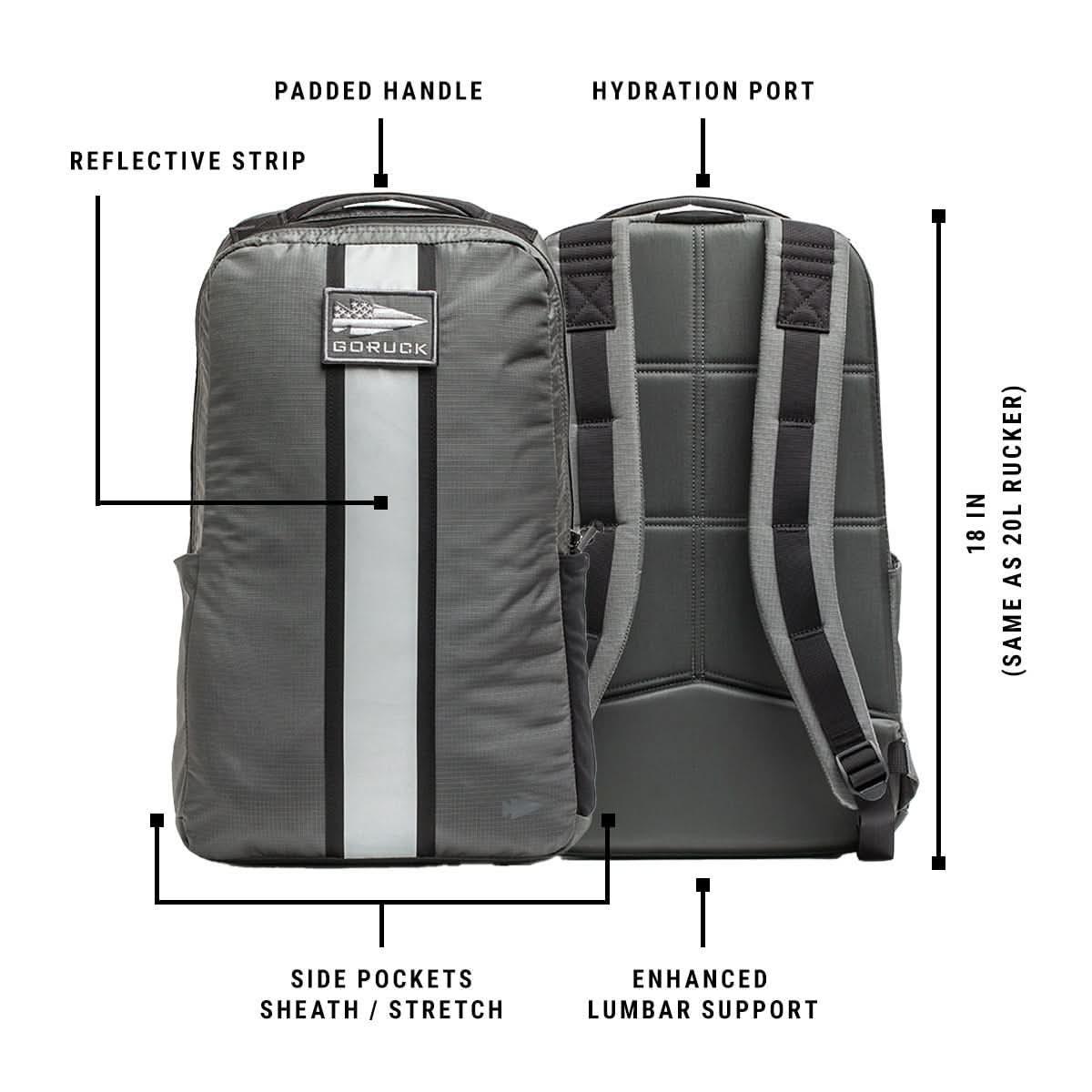 Front and back view of GORUCK Basic Rucker backpack in grey with reflective strip, padded handle, hydration port, side pockets, and lumbar support
