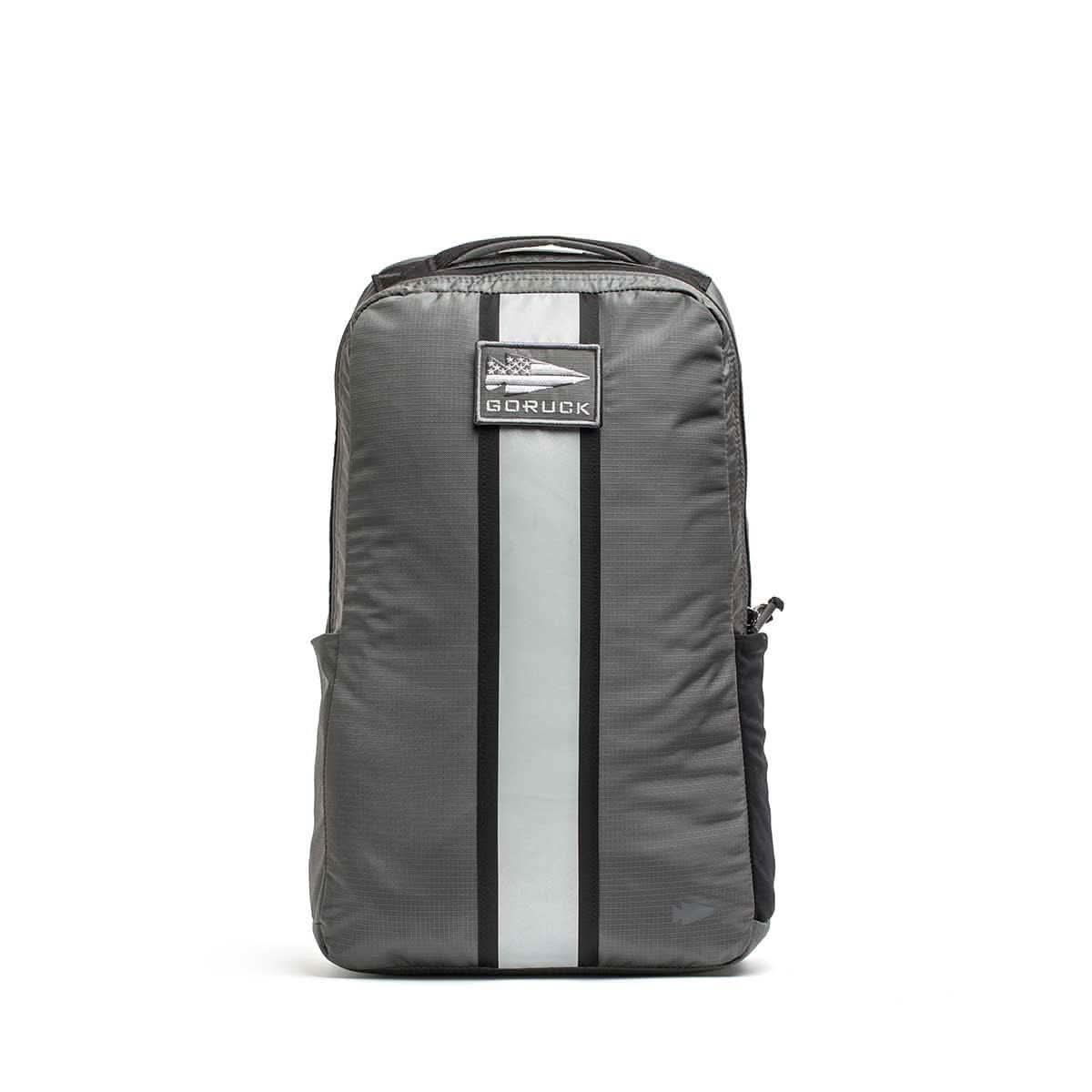 GORUCK Rucker Wolf Grey backpack with reflective stripe and logo patch, front view