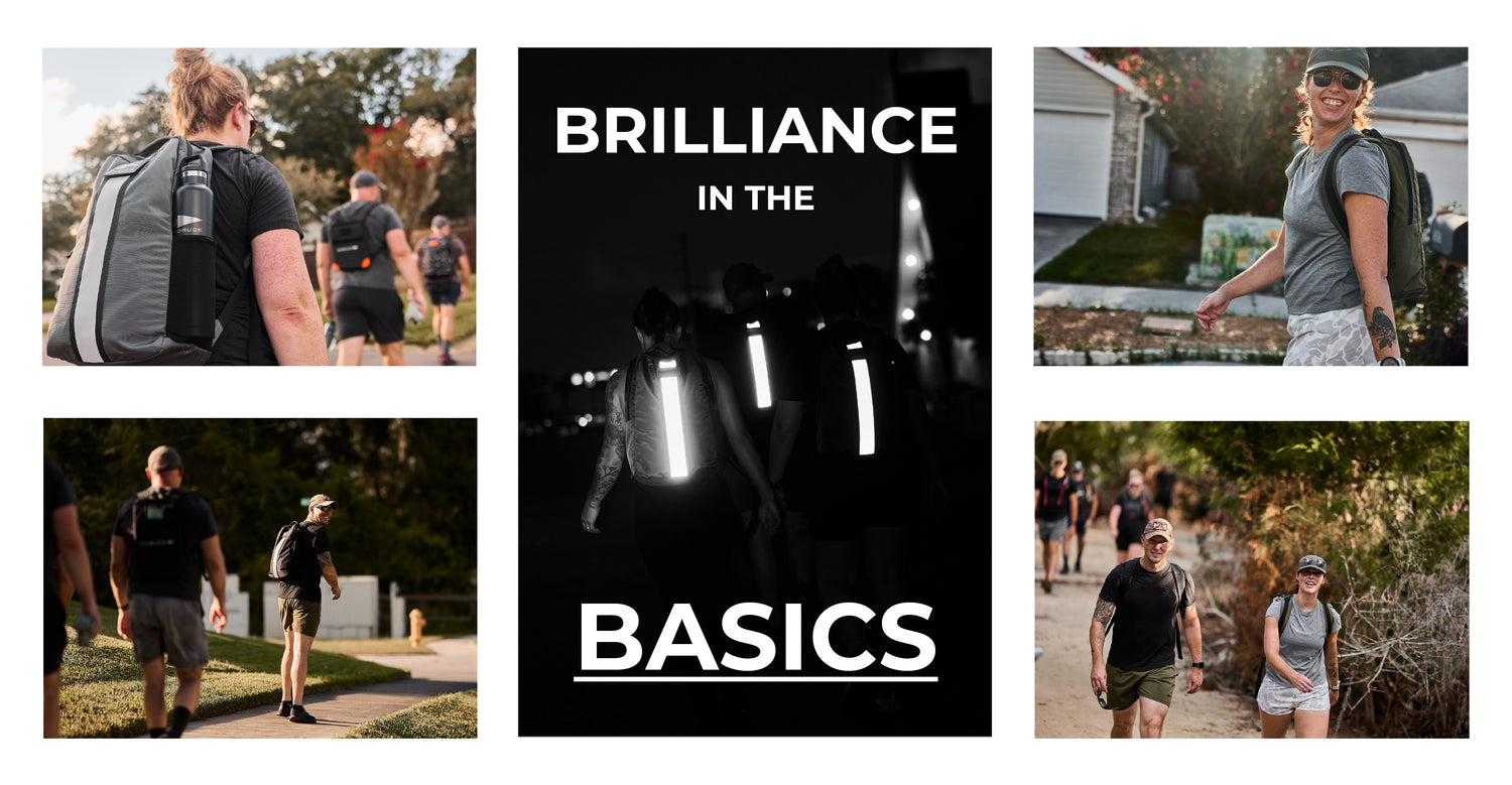 A collage of people walking outdoors, wearing backpacks; center text reads