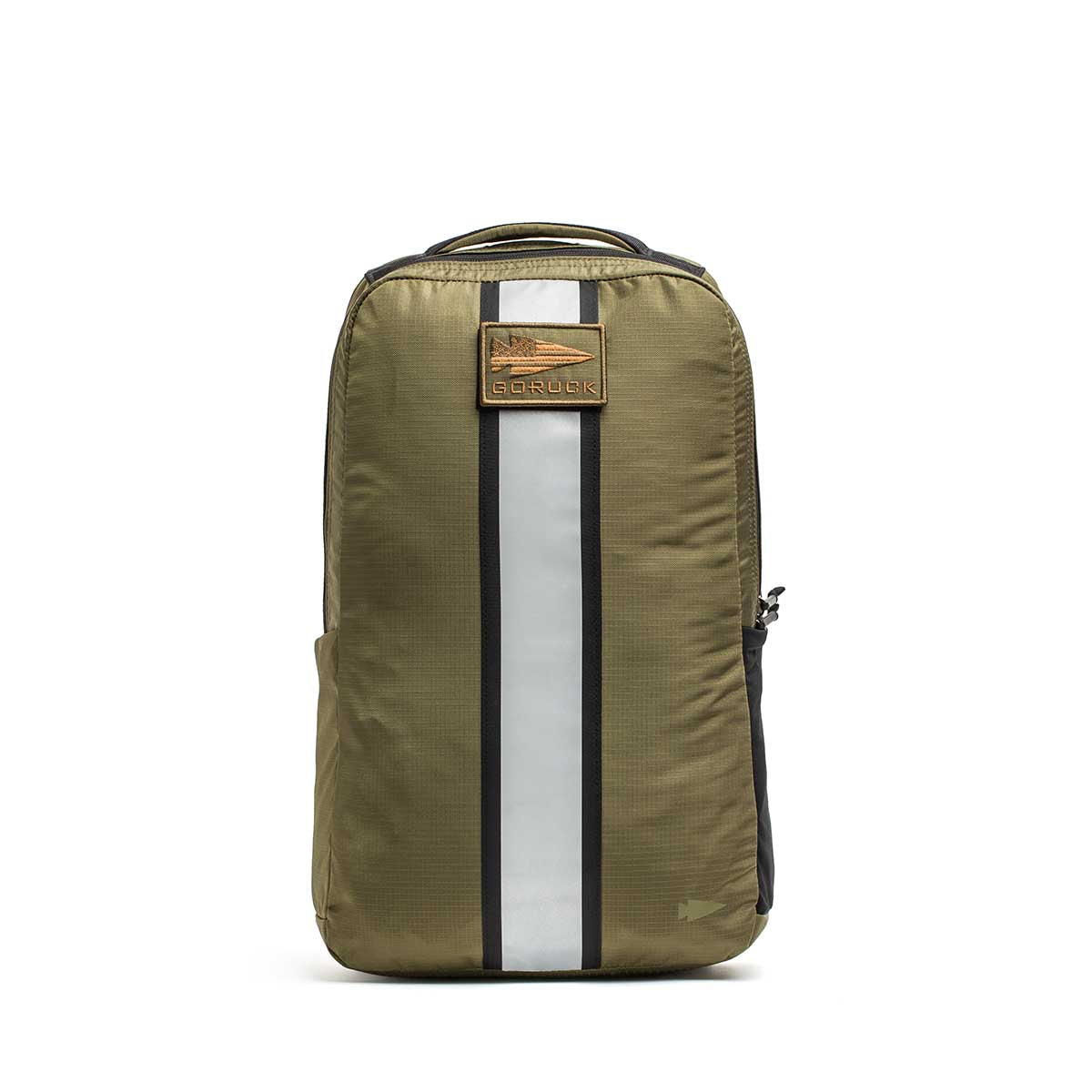 The olive green Basic Rucker® backpack features a black and white vertical stripe and a brown front logo patch—ideal for versatile weighted rucking.