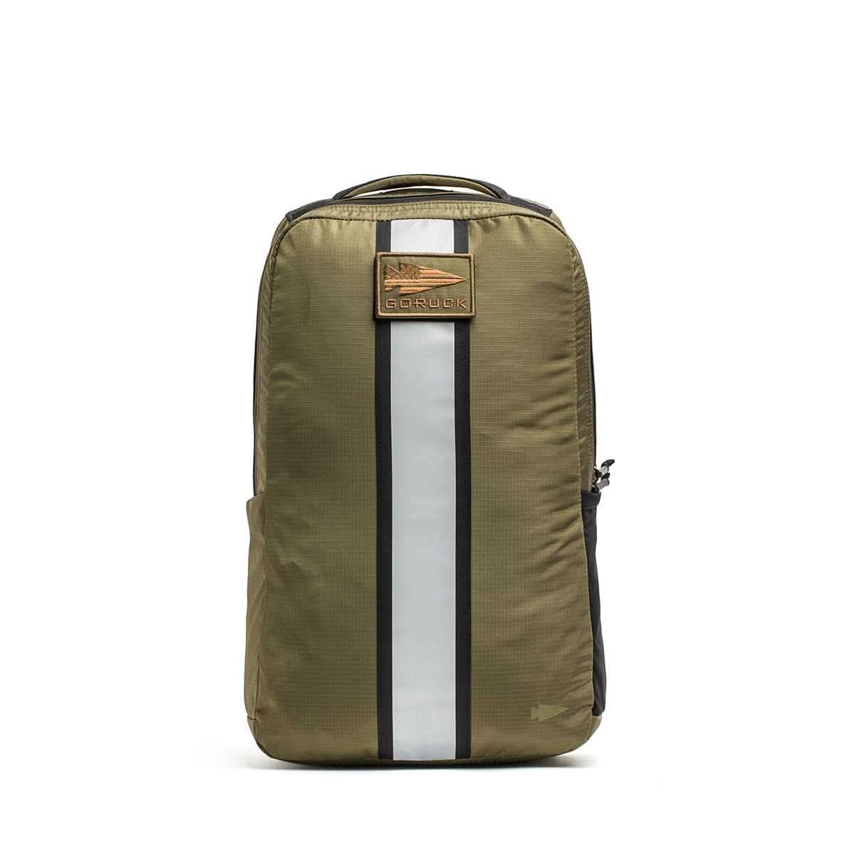 GORUCK Basic Rucker backpack in ranger green with reflective front stripe and GORUCK logo patch