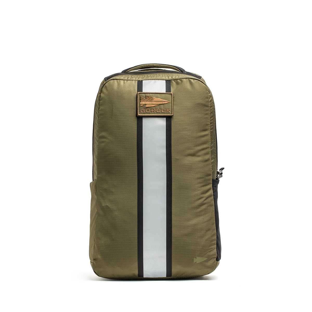 GORUCK Basic Rucker backpack in ranger green with reflective stripe, front view