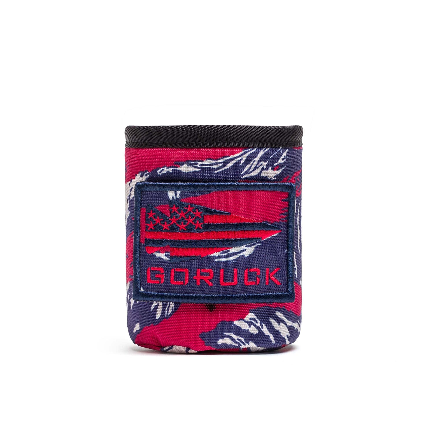 The Ballistic Beer Jacket - GORUCK is a rugged 1000D CORDURA pouch in red, white, and blue camo with an American flag and GORUCK patch—ideal for holding your gear, a beer koozie, or the Ballistic Beer Jacket itself.