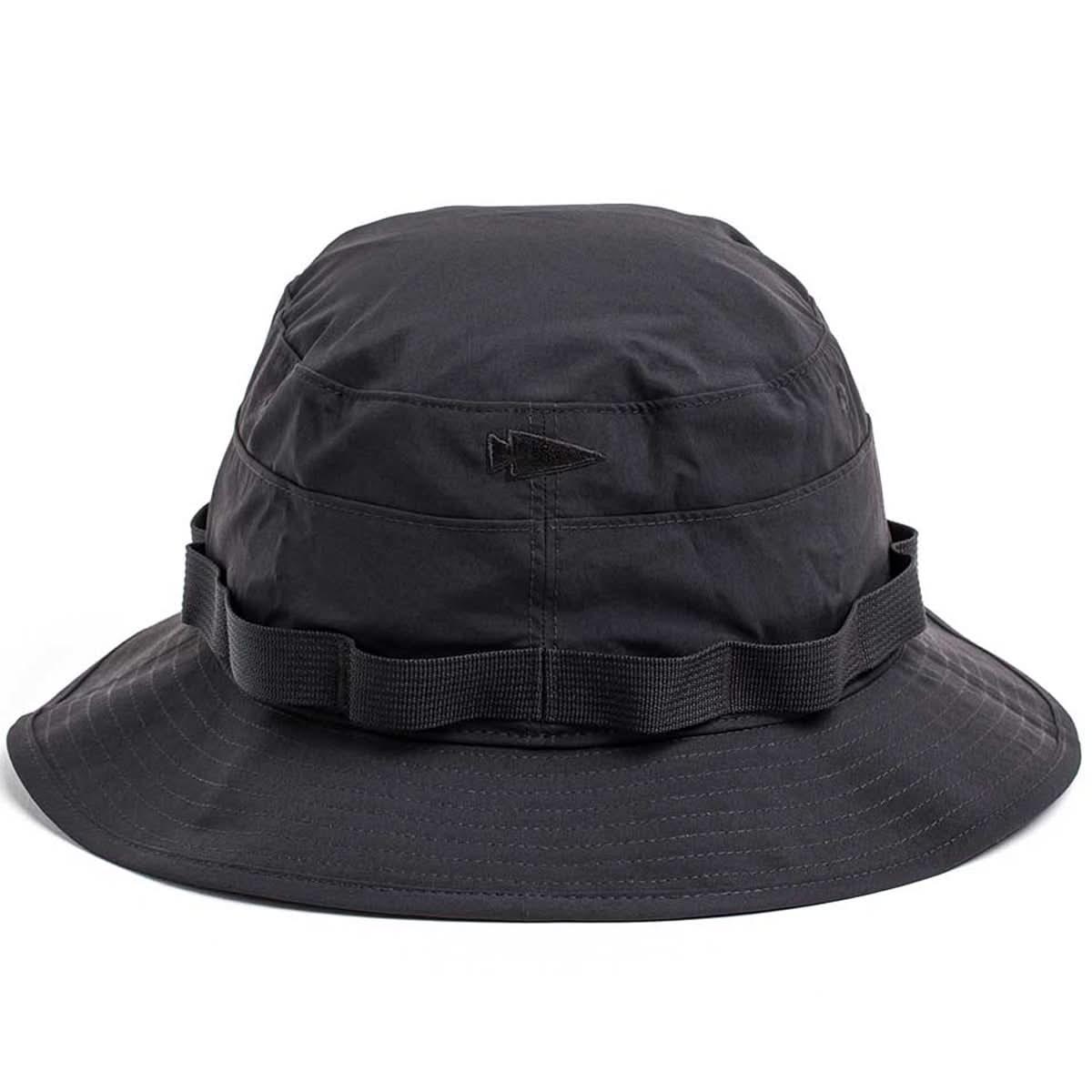 Black tactical boonie hat with webbing patch panel and reinforced stitching, GORUCK durable design