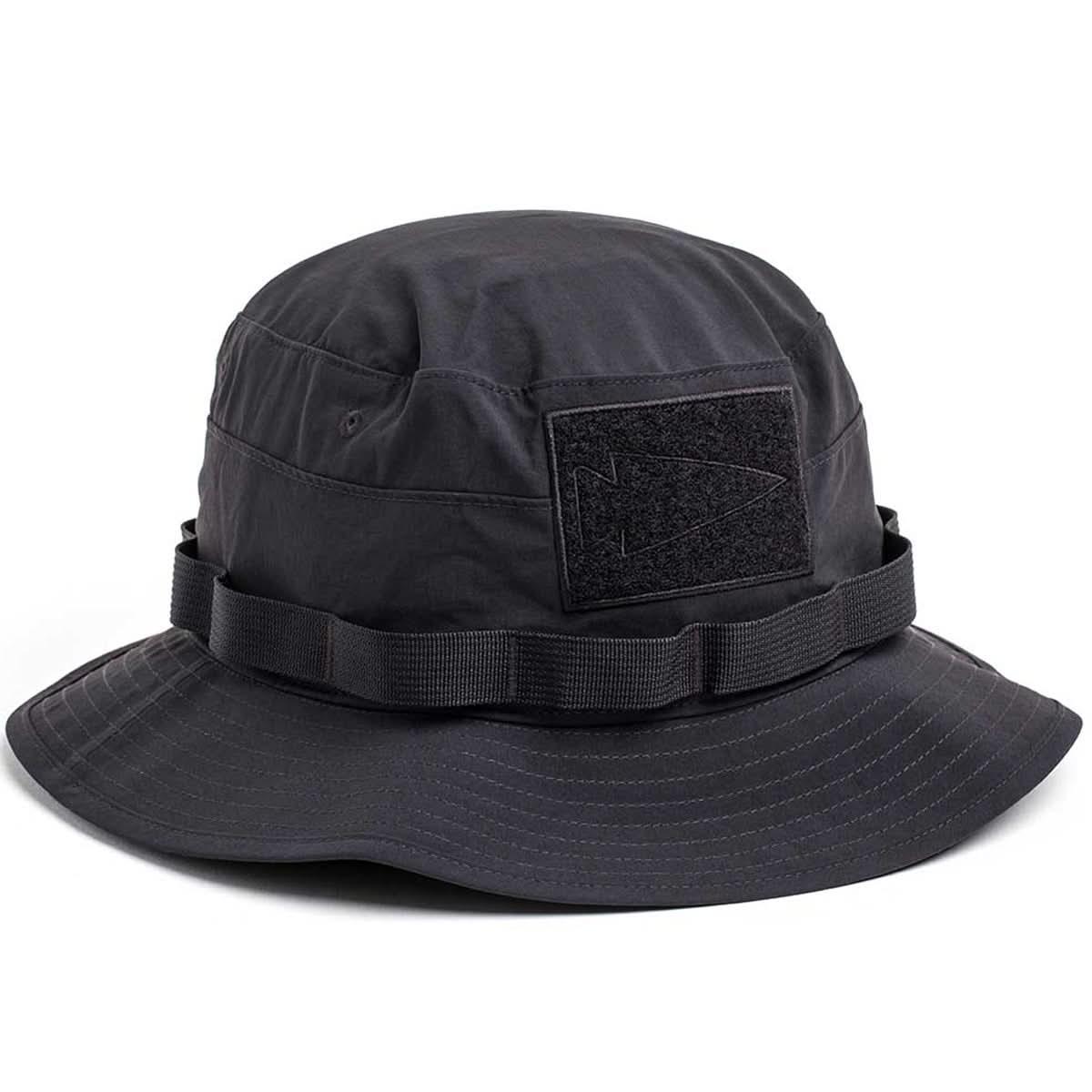 Black tactical Boonie hat with webbing and patch panel, durable rucking gear by GORUCK