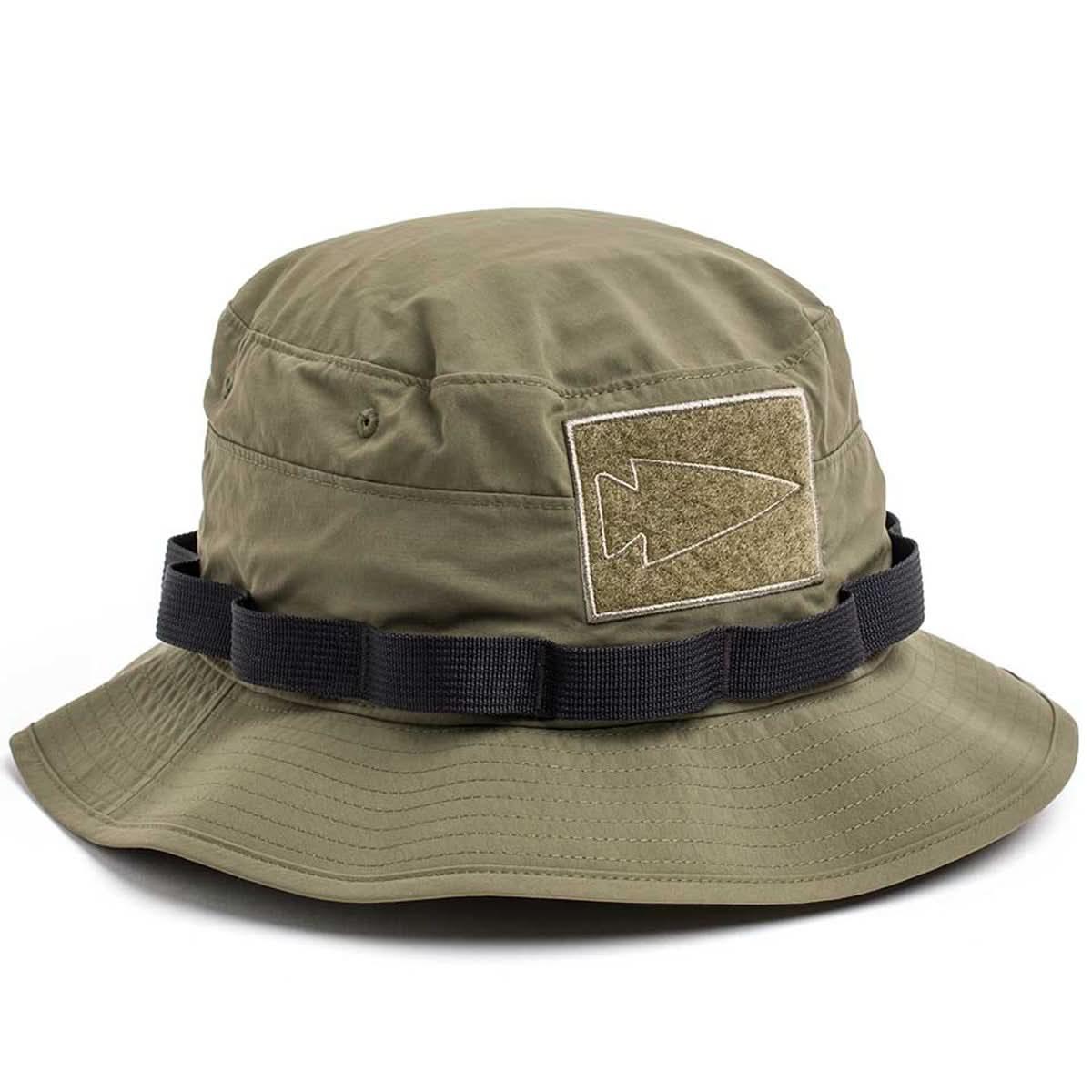 GORUCK olive green boonie hat with black webbing and ranger green patch featuring arrowhead emblem