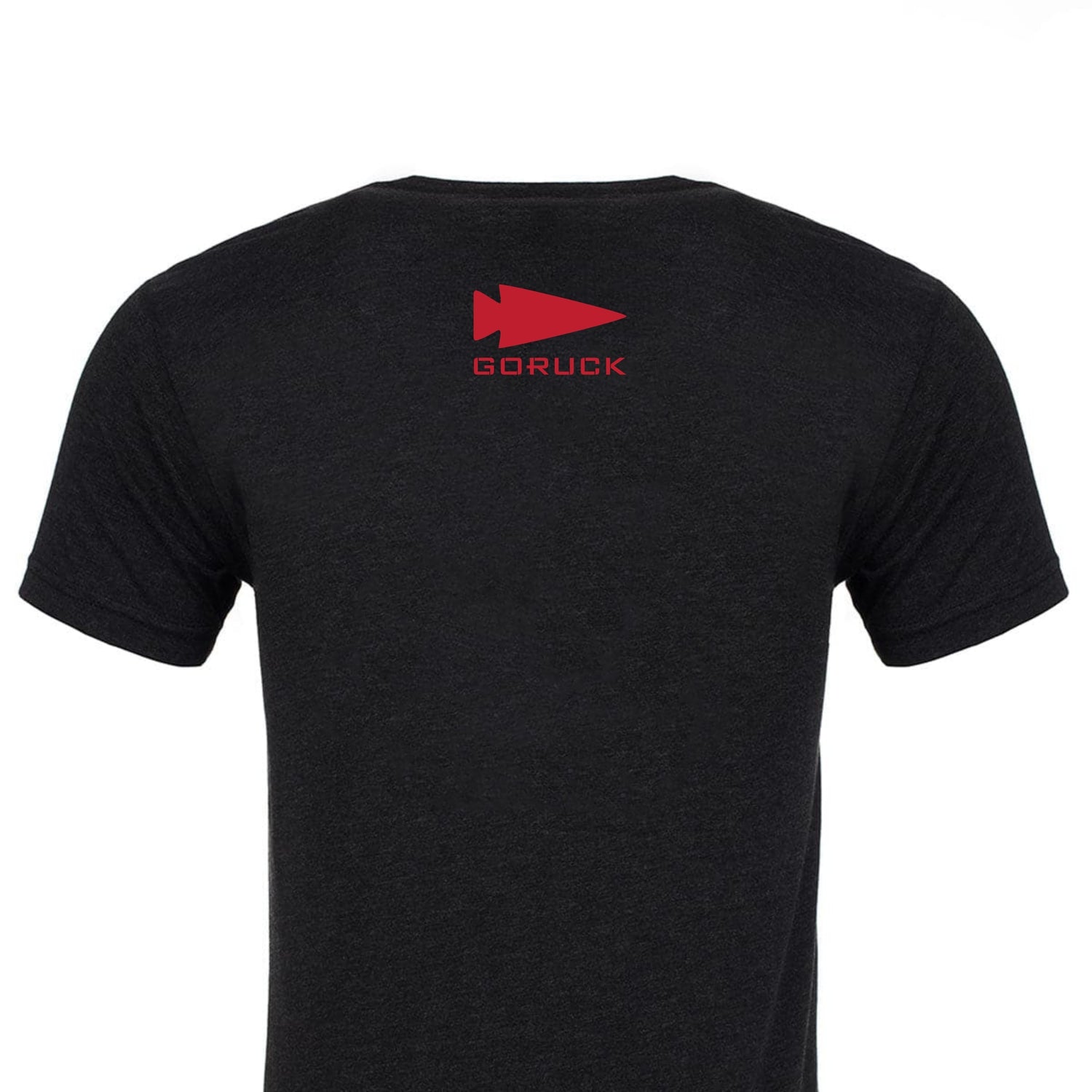 The back of the Bragg GORUCK Challenge Tee - Tri-Blend in black showcases a bold red