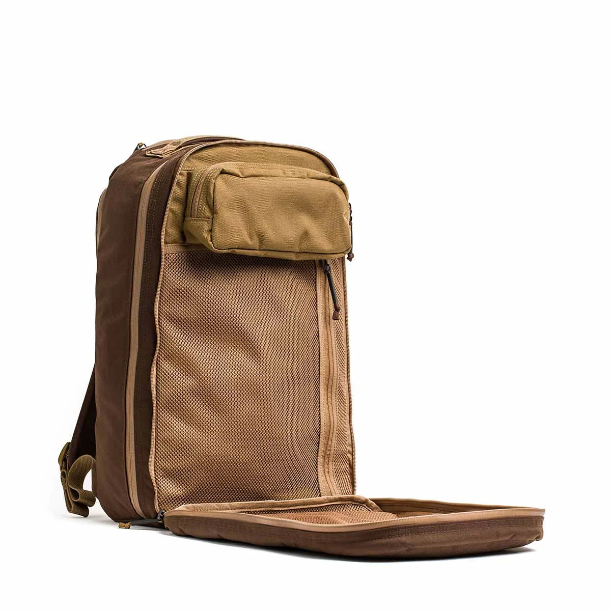 GORUCK brown Cordura 18L backpack with two compartments, open to show coyote interior and mesh pockets