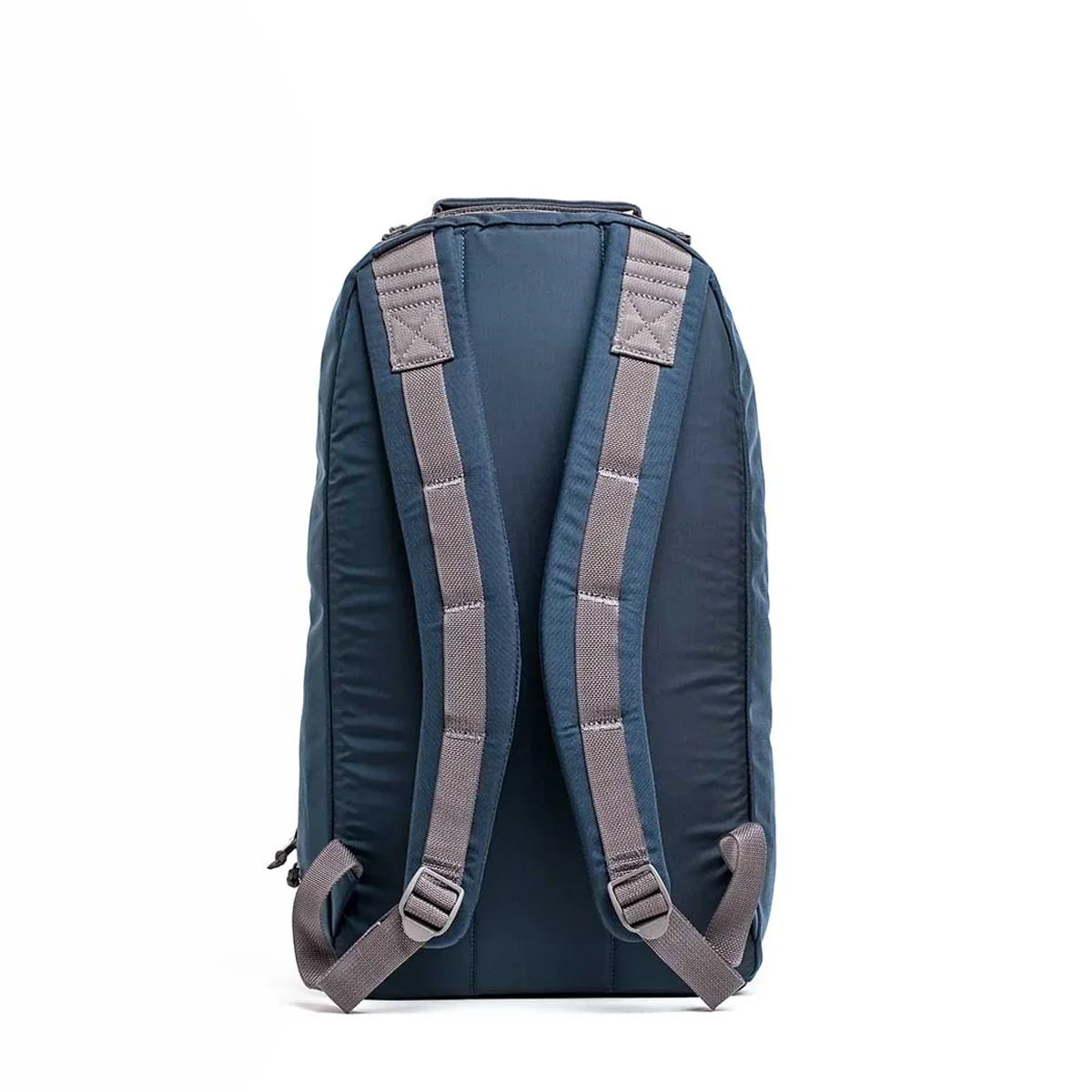 GORUCK Bullet backpack in dark sea blue with armor grey padded straps shown from the back