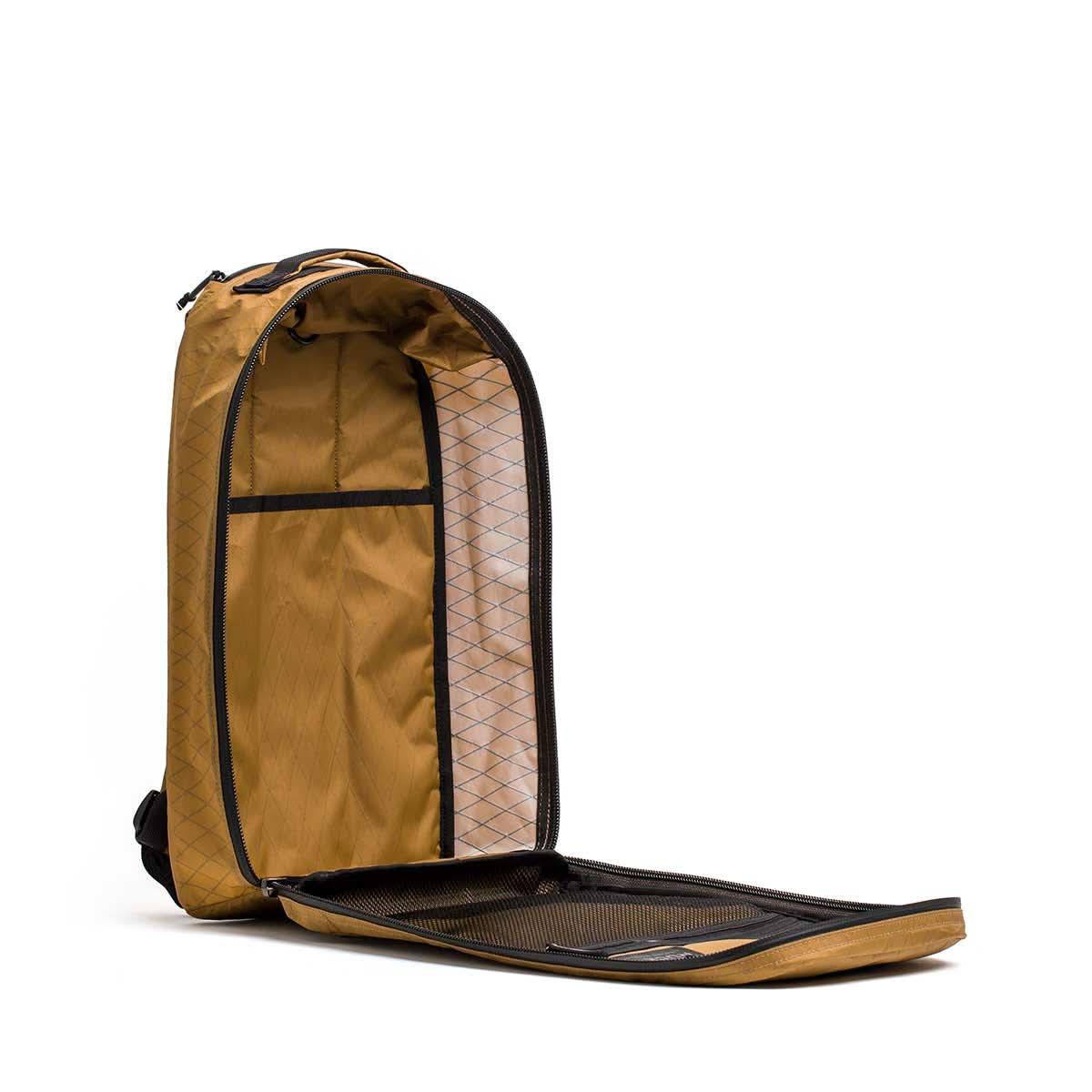 GORUCK coyote brown rucksack backpack open to show spacious, durable interior compartments