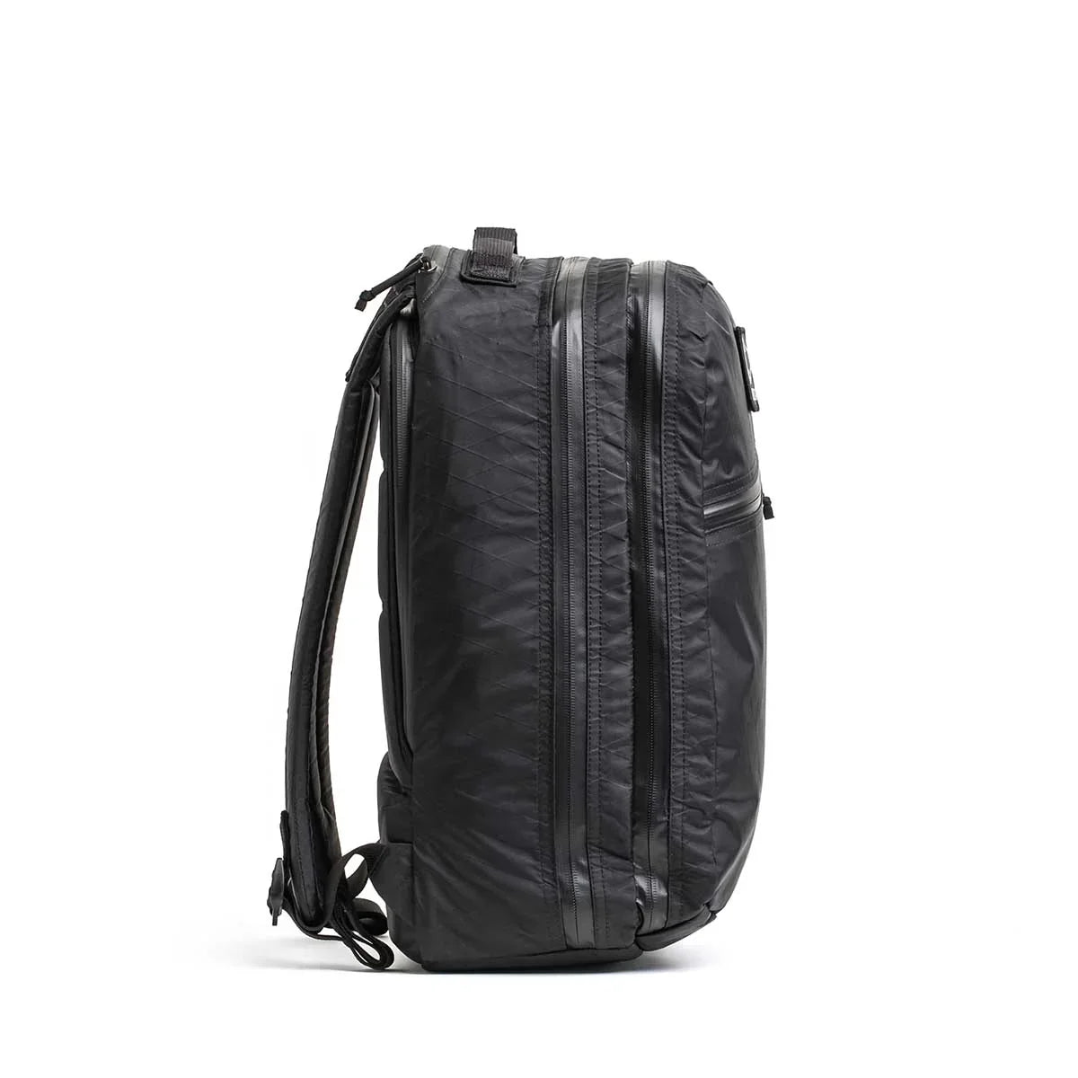 GORUCK Bullet 16L black rucking backpack with two compartments and laptop sleeve, side view