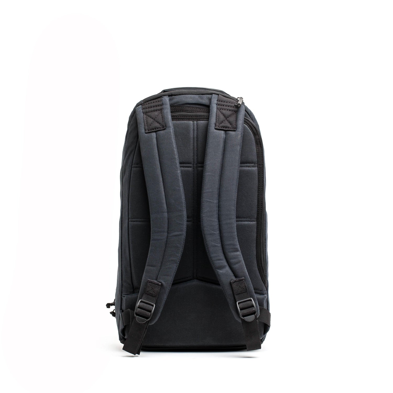 GORUCK black waxed canvas backpack with padded straps and laptop compartment, rear view