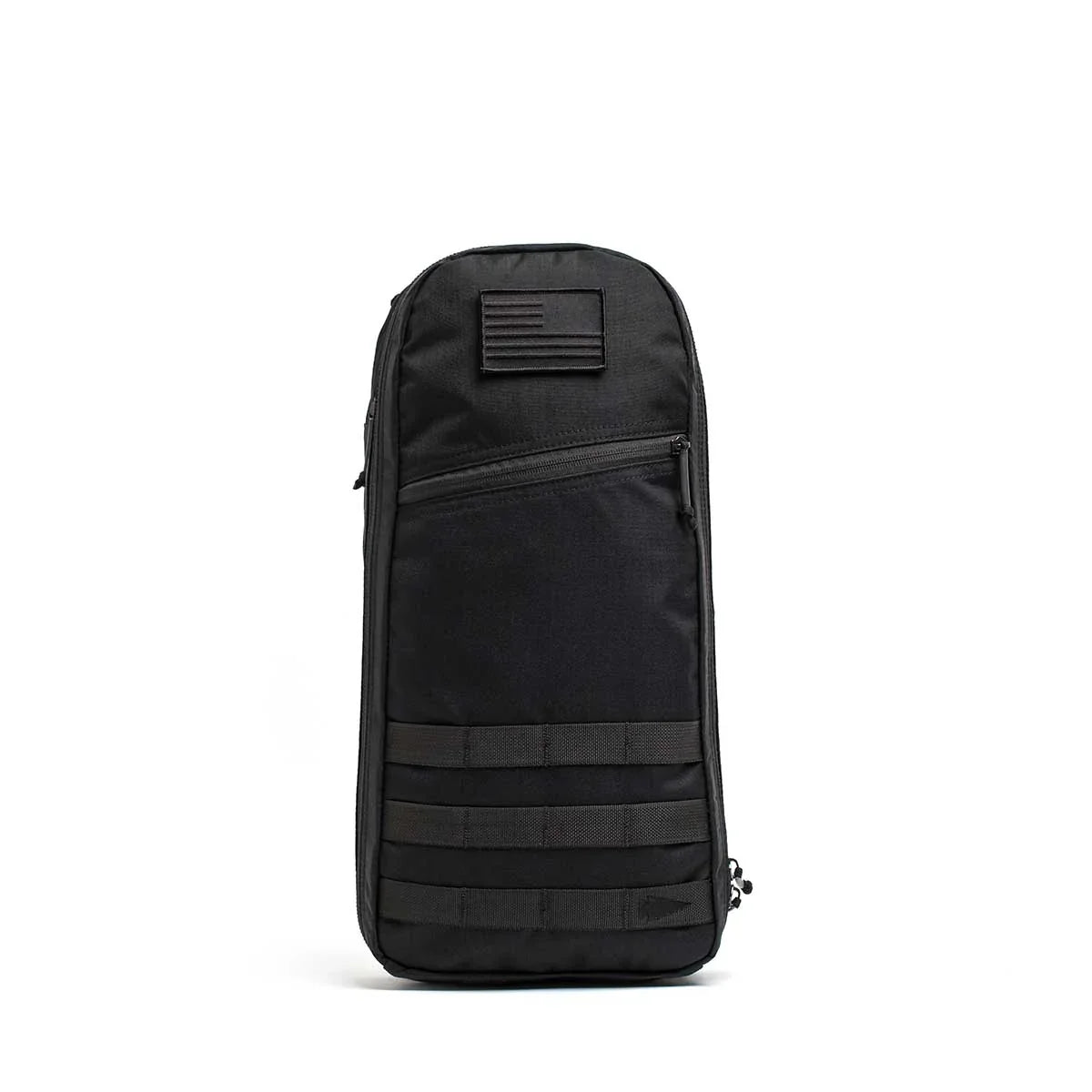 GORUCK Bullet Ruck 10L black tactical backpack with diagonal front zipper, patch, and webbing loops