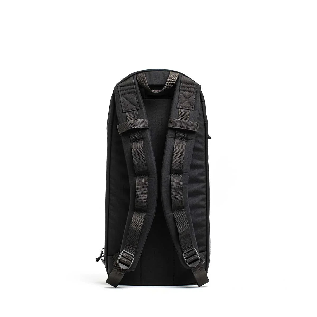 Black GORUCK Bullet 10L backpack back view with padded shoulder straps and top handle