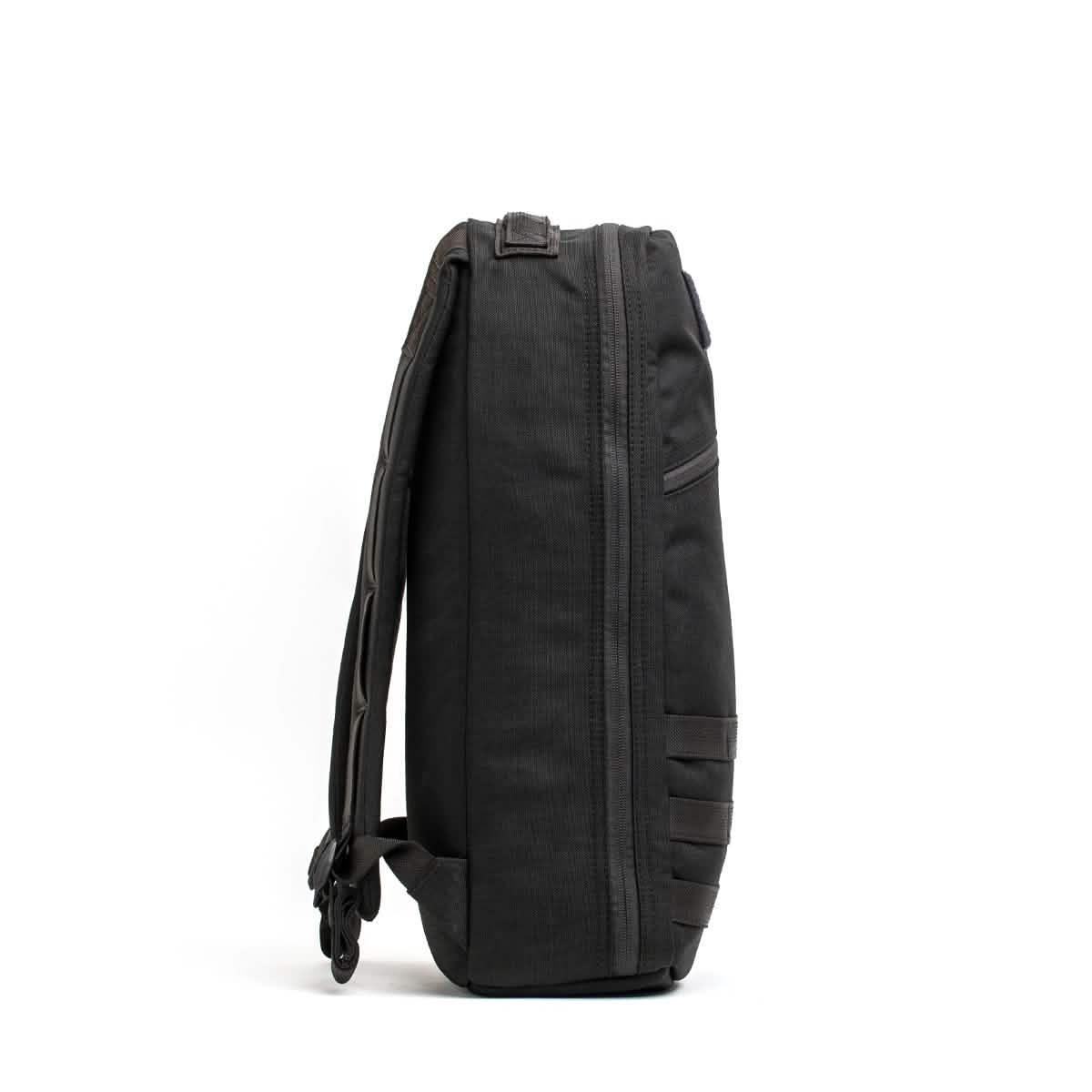 Side view of black GORUCK Bullet Ruck 10L backpack with durable straps and tactical design
