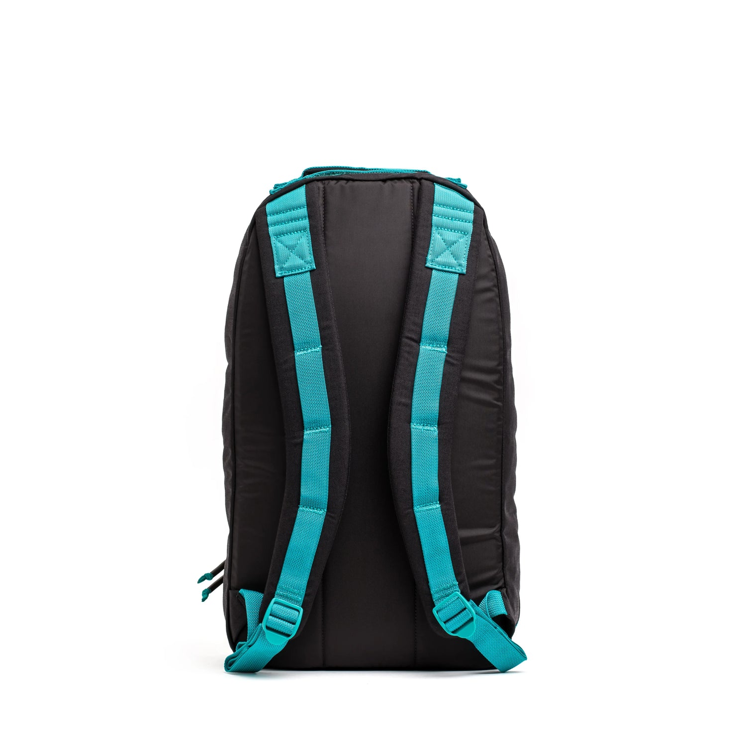 GORUCK Bullet Ruck 15L black backpack with teal padded shoulder straps on white background