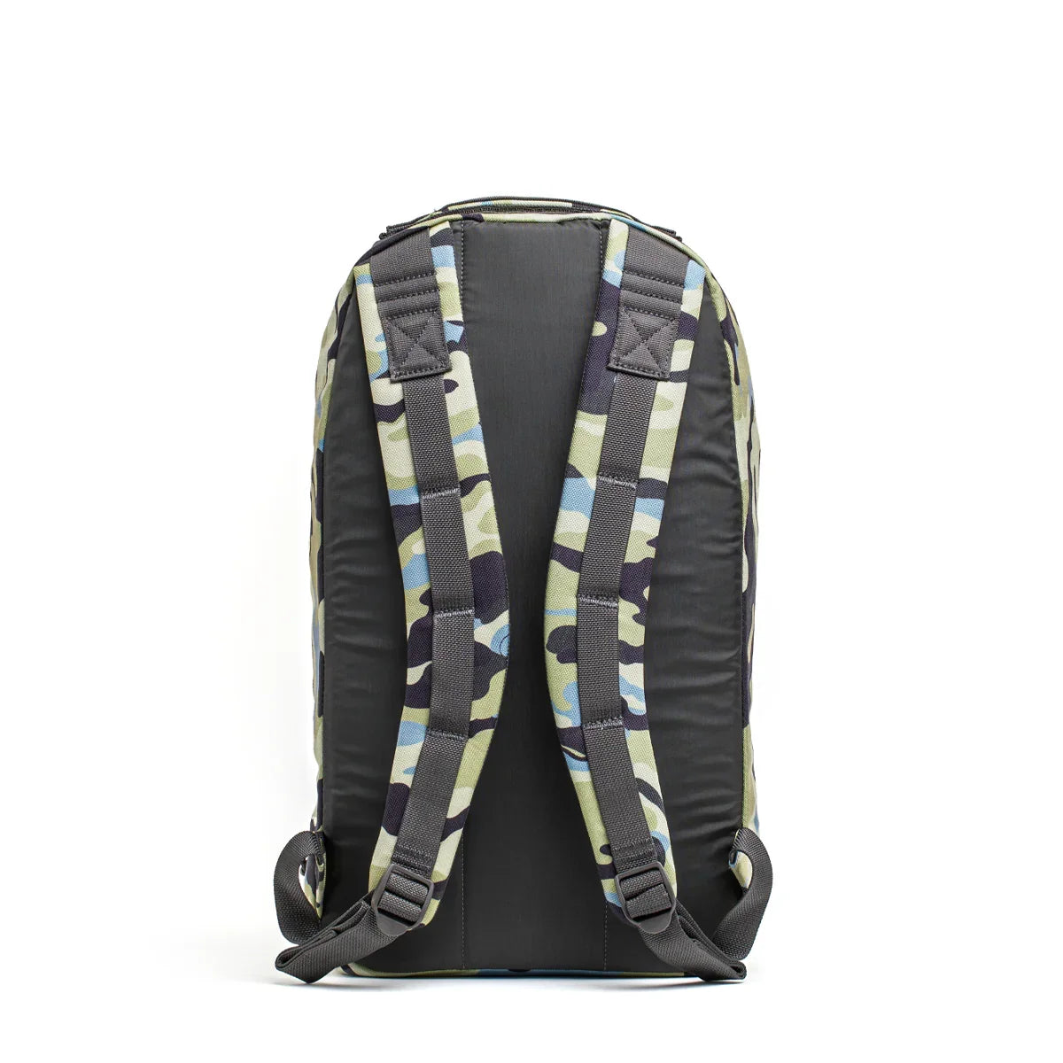 GORUCK Bullet Ruck 15L backpack in Everglades camo with padded black back panel and adjustable camouflage straps