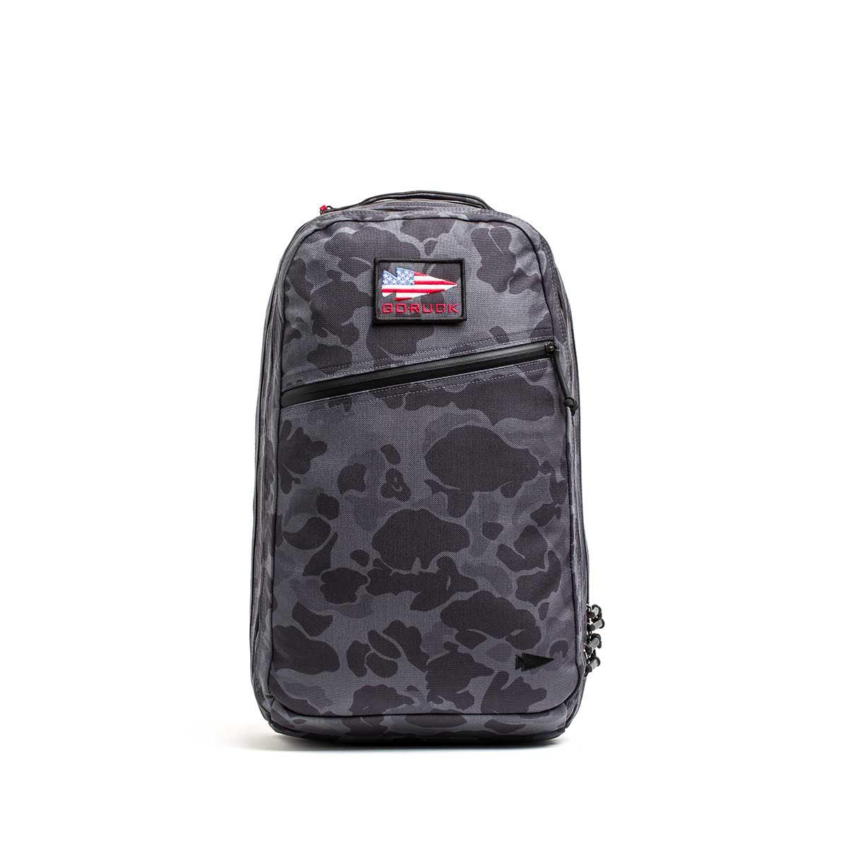 GORUCK Bullet 16L laptop backpack in black frogskin camo with front patch, isolated view