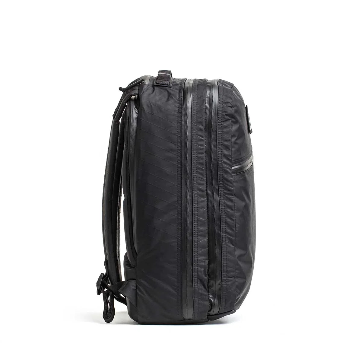 GORUCK black Bullet 18L X-PAC rucksack, side view, two compartments, laptop section