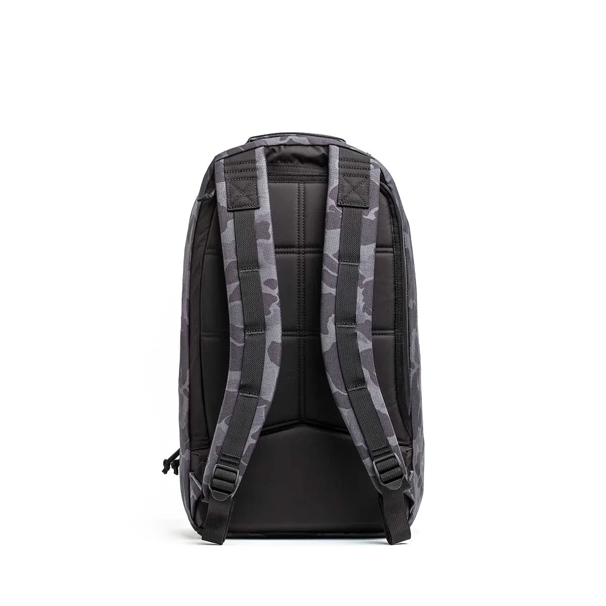 GORUCK black camo Bullet 18L backpack with padded straps, rear view on white background