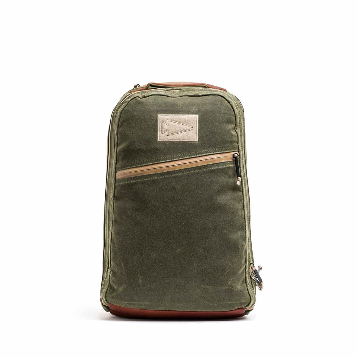 GORUCK Bullet 18L Heritage backpack in Olive Field Tan with diagonal front zipper and leather bottom