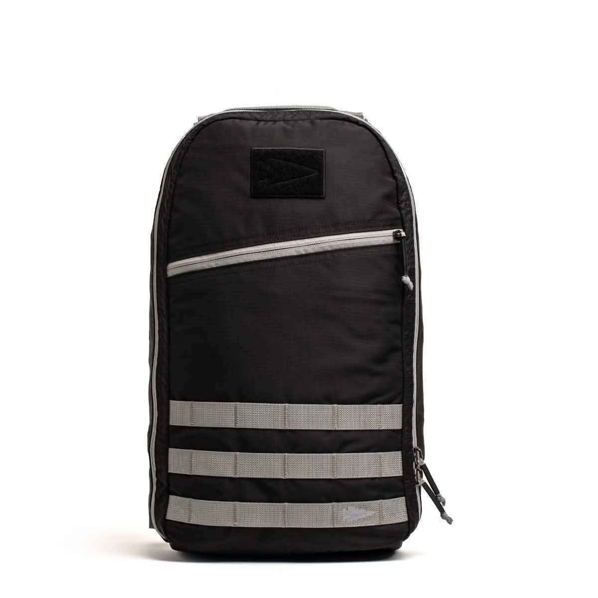 GORUCK Bullet Laptop backpack in black with grey straps and front zippered pocket for rugged rucking gear