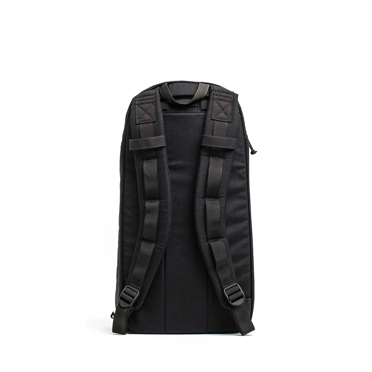 Back view of black GORUCK Bullet Ruck 15L backpack with padded shoulder straps and durable construction