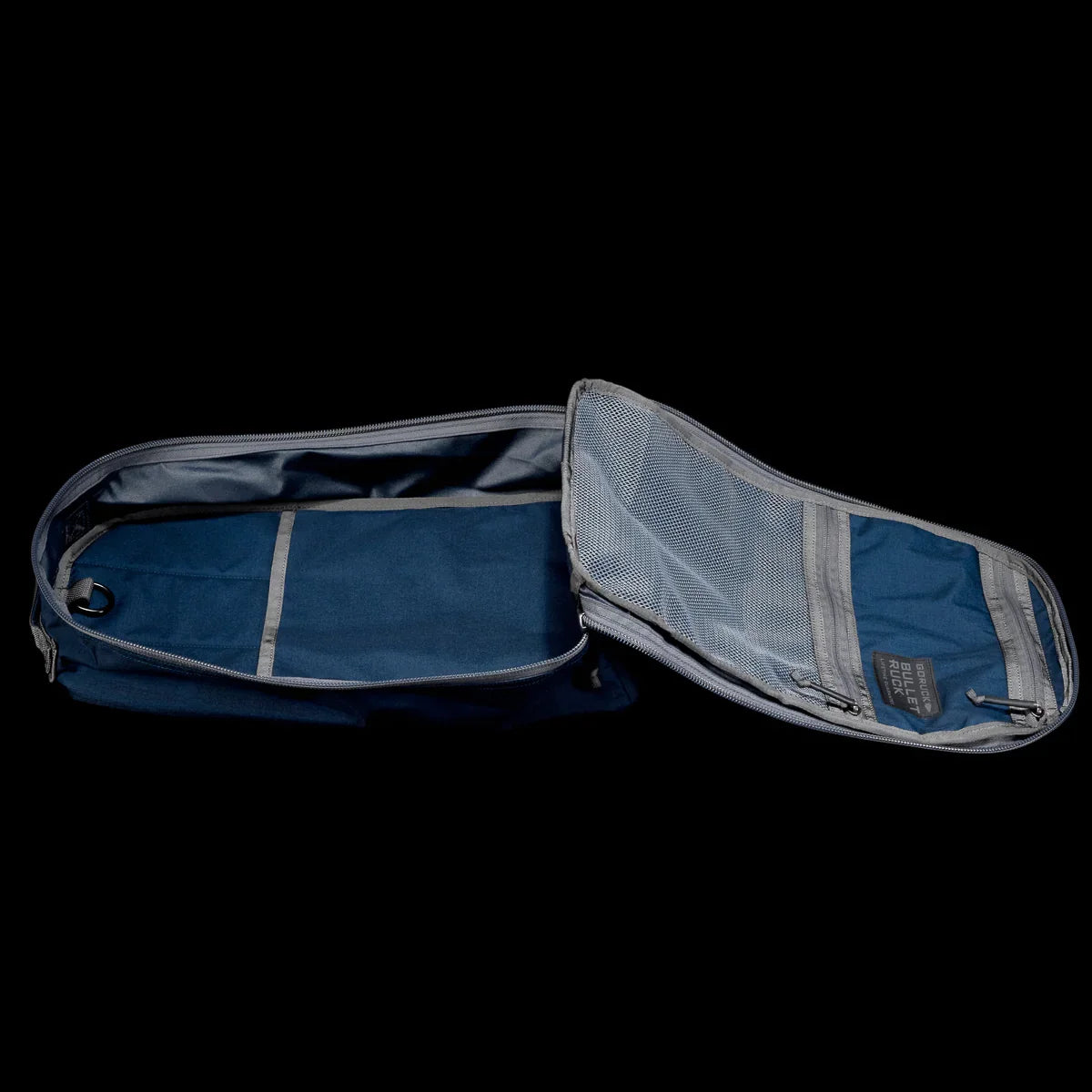 Open GORUCK Bullet Ruck Classic pack in dark sea blue and armor grey with mesh interior compartments