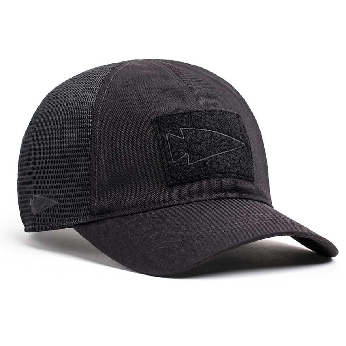 Black tactical mesh-back cap with a velcro patch featuring a spearhead design, GORUCK brand