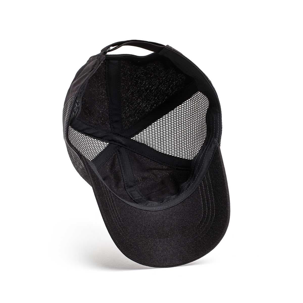 Inside view of black GORUCK mesh trucker hat for rucking, showcasing breathable design