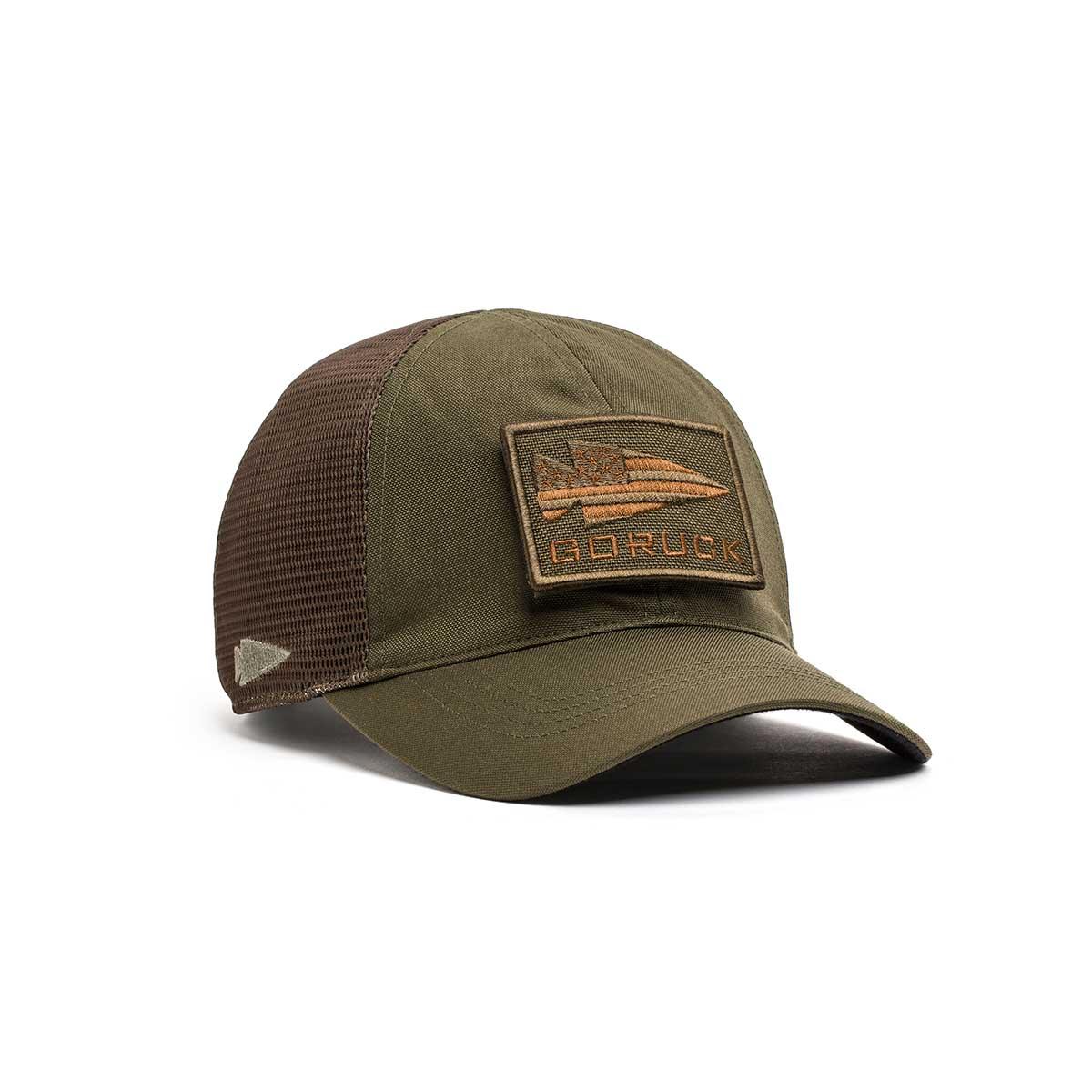GORUCK Ranger Green mesh trucker hat with logo patch on front, isolated on white background