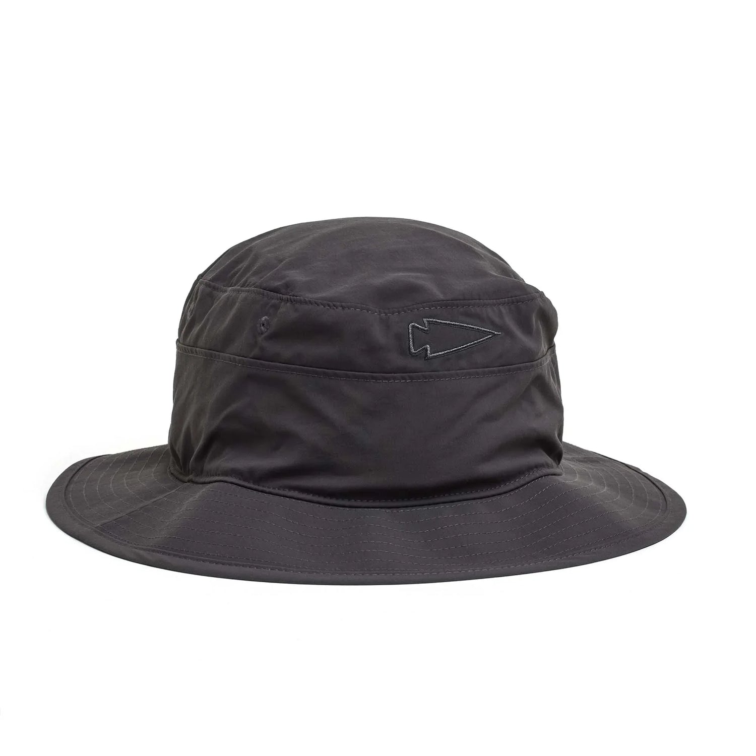 GORUCK charcoal boonie hat with wide brim and embroidered arrow logo, designed for tough outdoor use