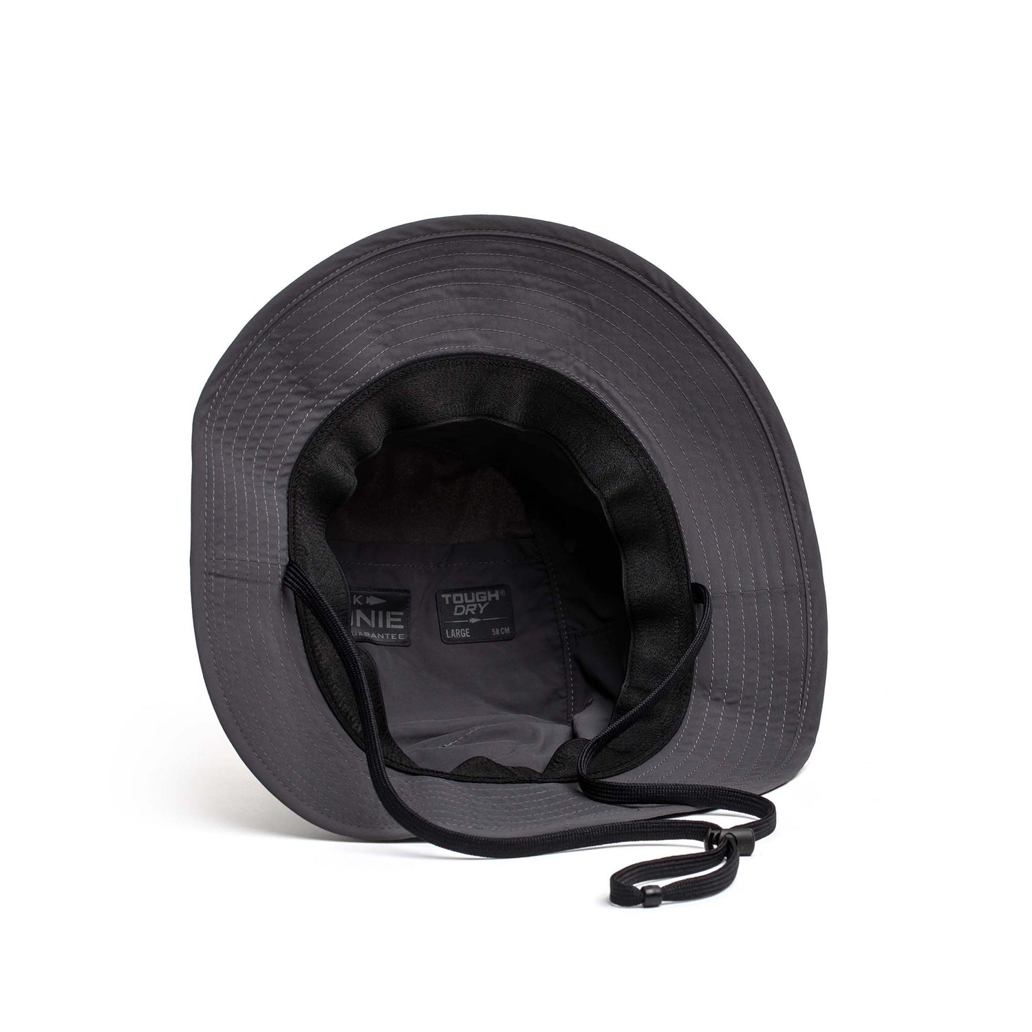 The Boonie Hat - Slick - ToughDry in dark gray is shown from above to display the interior and labels. Made from ToughDry fabric with a chin strap, it delivers excellent sun protection for outdoor adventures.