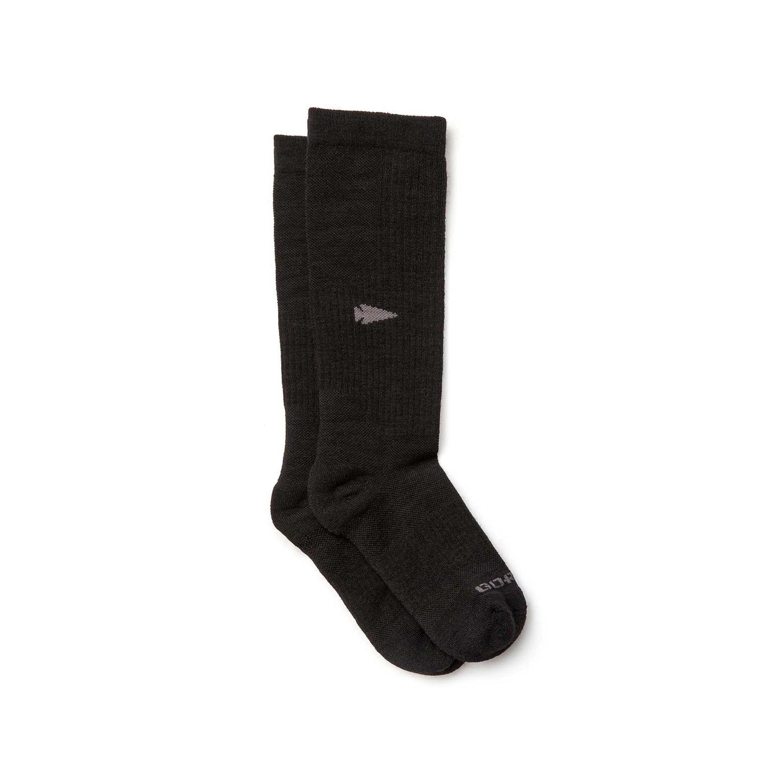 Merino Compression Socks: Long black merino wool socks with a subtle gray logo near the top—ideal as boot socks for extra comfort.