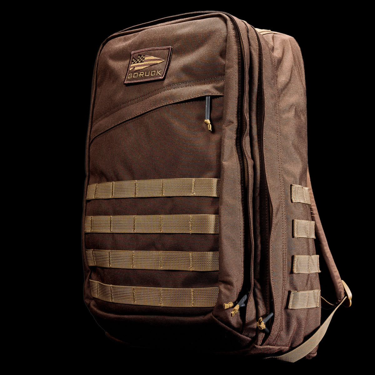 GORUCK durable brown rucksack with multiple compartments and MOLLE webbing for rugged outdoor gear