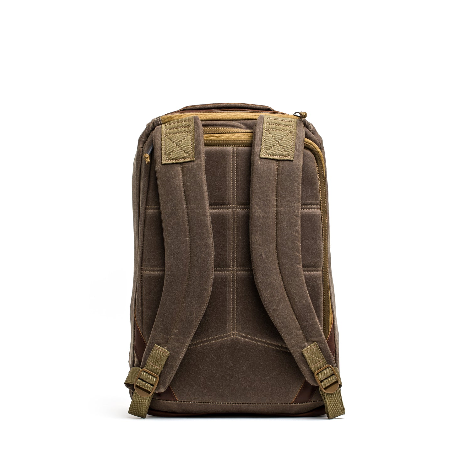 GR1 USA - Heritage Waxed Canvas rucksack with padded shoulder straps, shown from the back against a white background.