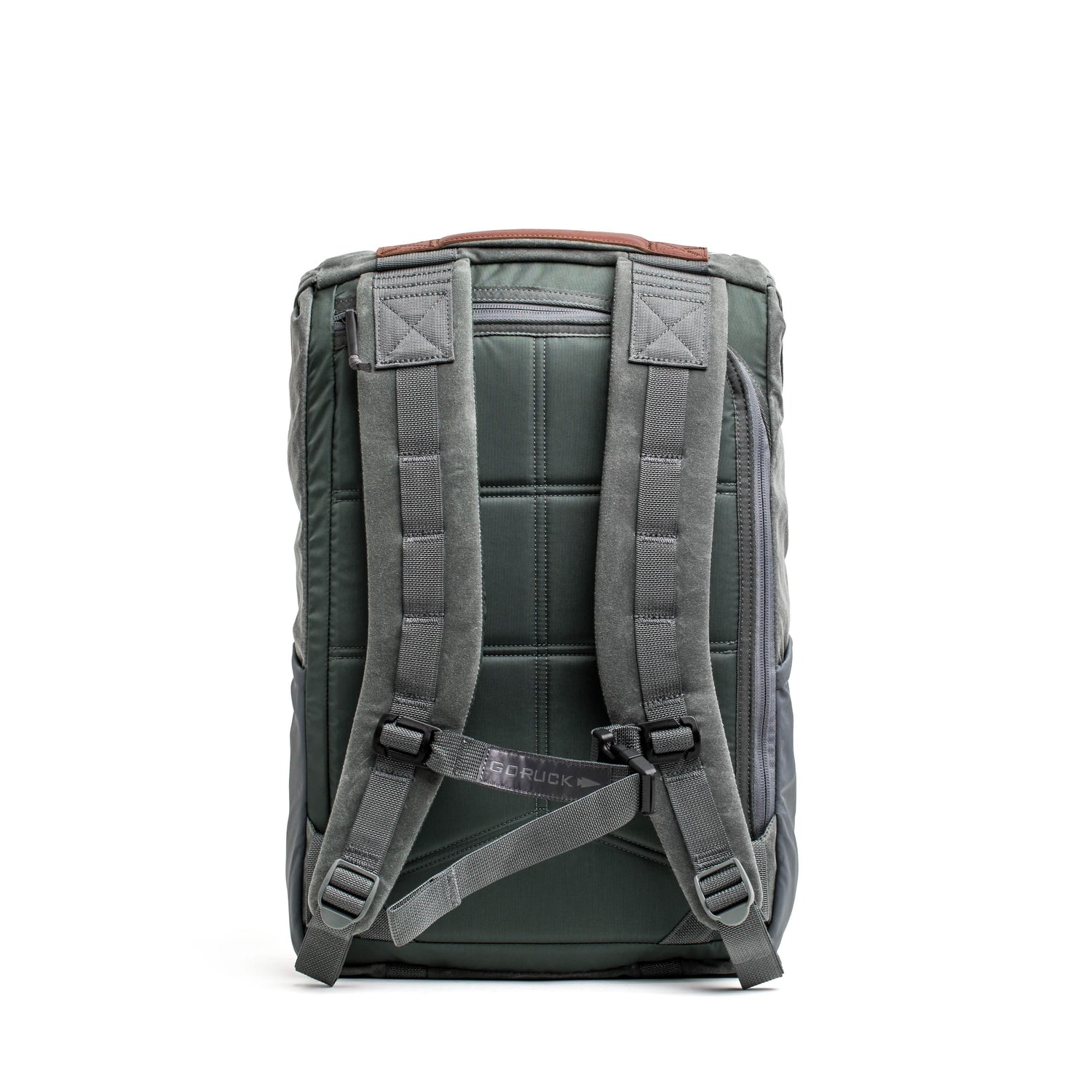 GORUCK slate gray rucksack backpack with padded straps and rugged design, rear view