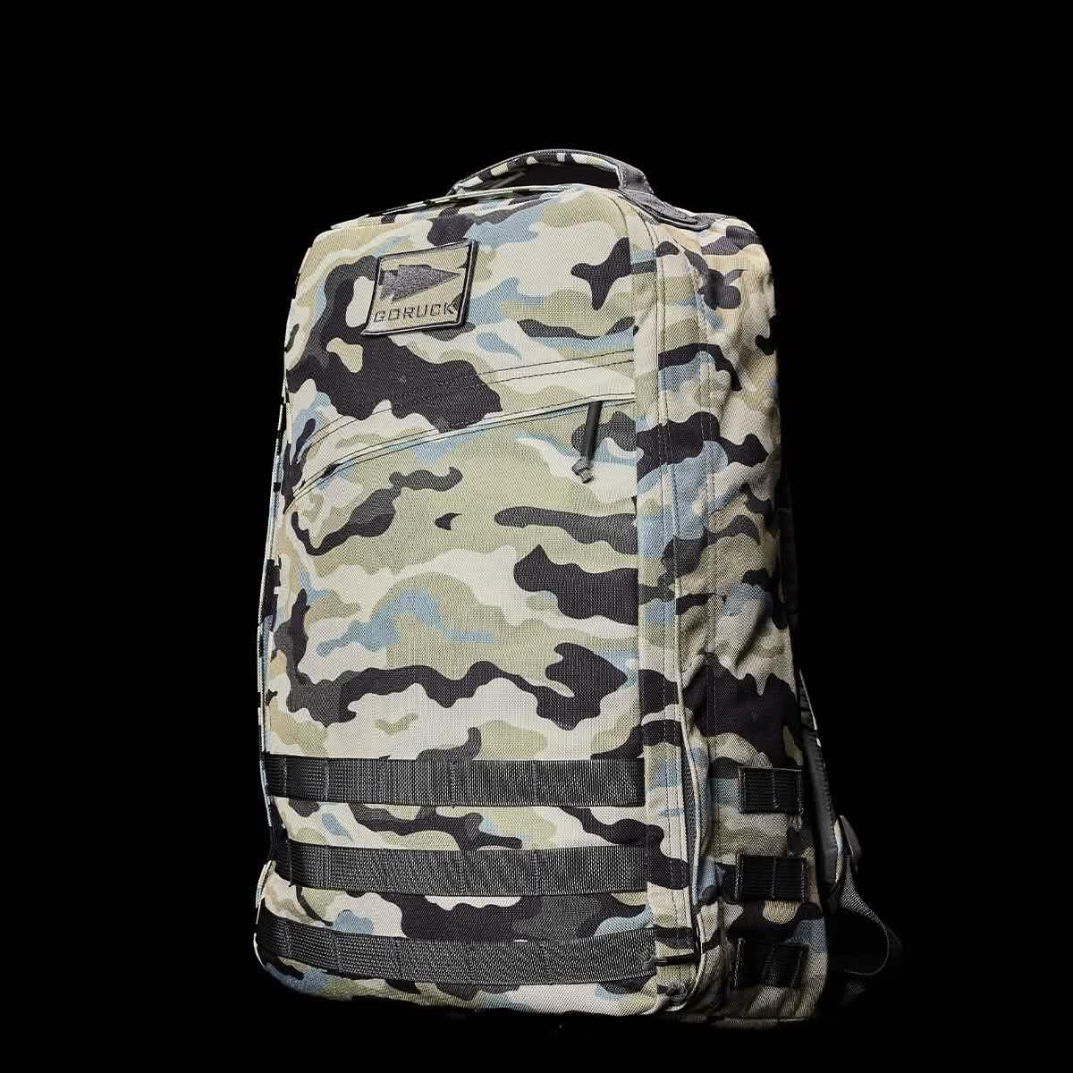 GORUCK Everglades camo tactical rucksack backpack with front zip pocket and MOLLE straps on black